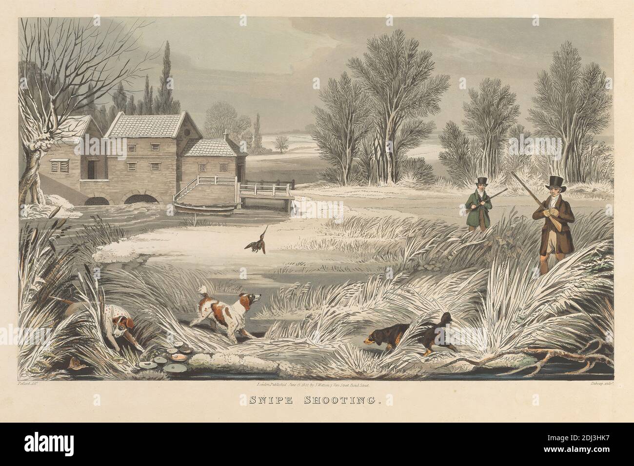 Snipe Shooting, Stampa realizzata da Matthew Dubourg, Active 1786–1838, British, After James Pollard, 1792–1867, British, Published by Jonathan Watson, 1820–1847, British, 1822, Aquatint e incisione con colorazione a mano su carta in wove beige leggermente spessa, foglio: 15 1/16 x 20 13/16 pollici (38.3 x 52.8 cm), piatto: 10 11/16 x 15 15/16 pollici (27.1 x 40.5 cm), e immagine: 8 9/16 x 14 1/16 pollici (21.8 x 35.7 cm), arte animale, rami, braghe (pantaloni), costume, gamberi, ruscello, congelato, cacciatori, caccia, cani da caccia, ghiaccio, paesaggio, giglio, canne, scarpe da equitazione, maniche, fiume Foto Stock