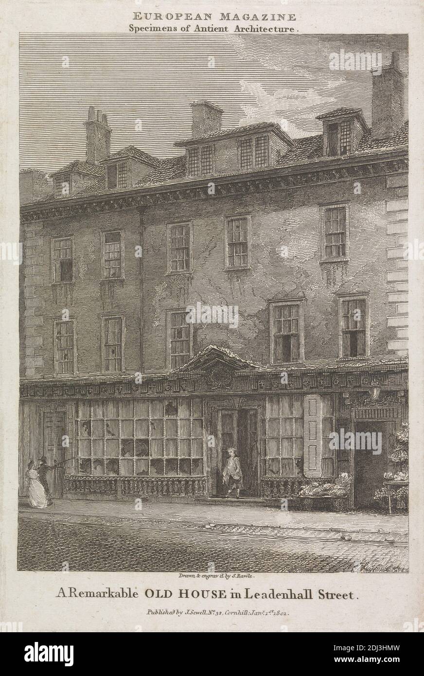 Una vecchia casa notevole in Leadenhall Street, Samuel Rawle, 1771–1860, inglese, dopo Samuel Rawle, 1771–1860, inglese, 1801, Engraving Foto Stock