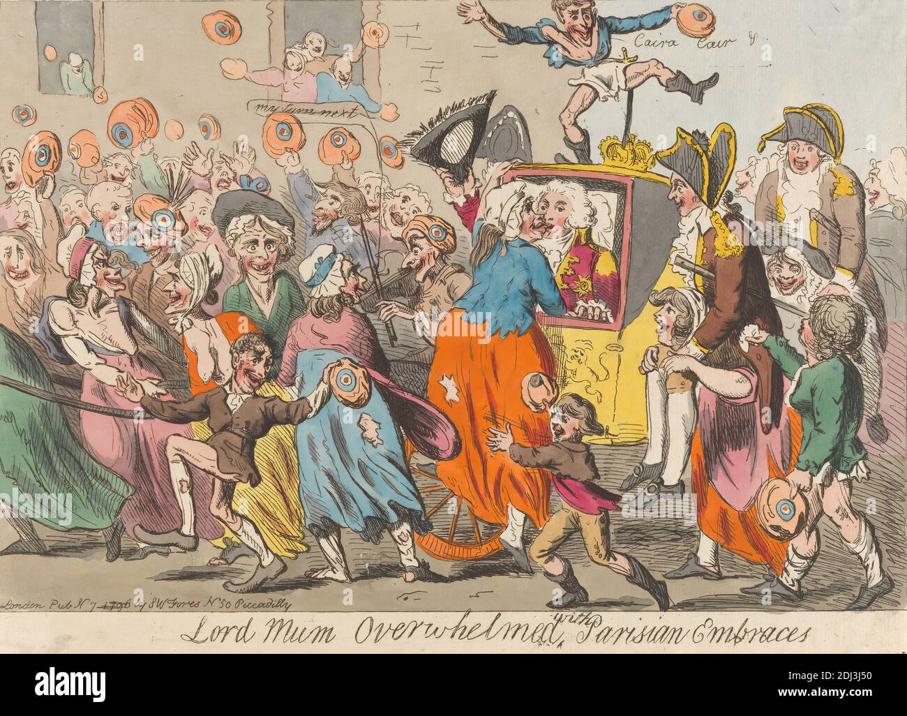 Lord Mum sopraffatta con gli abbracci parigini, Isaac Cruikshank, 1756–1810, British, 1796, incisione, colore a mano, foglio: 8 1/2 x 12 3/4in. (21.6 x 32,4 cm Foto Stock