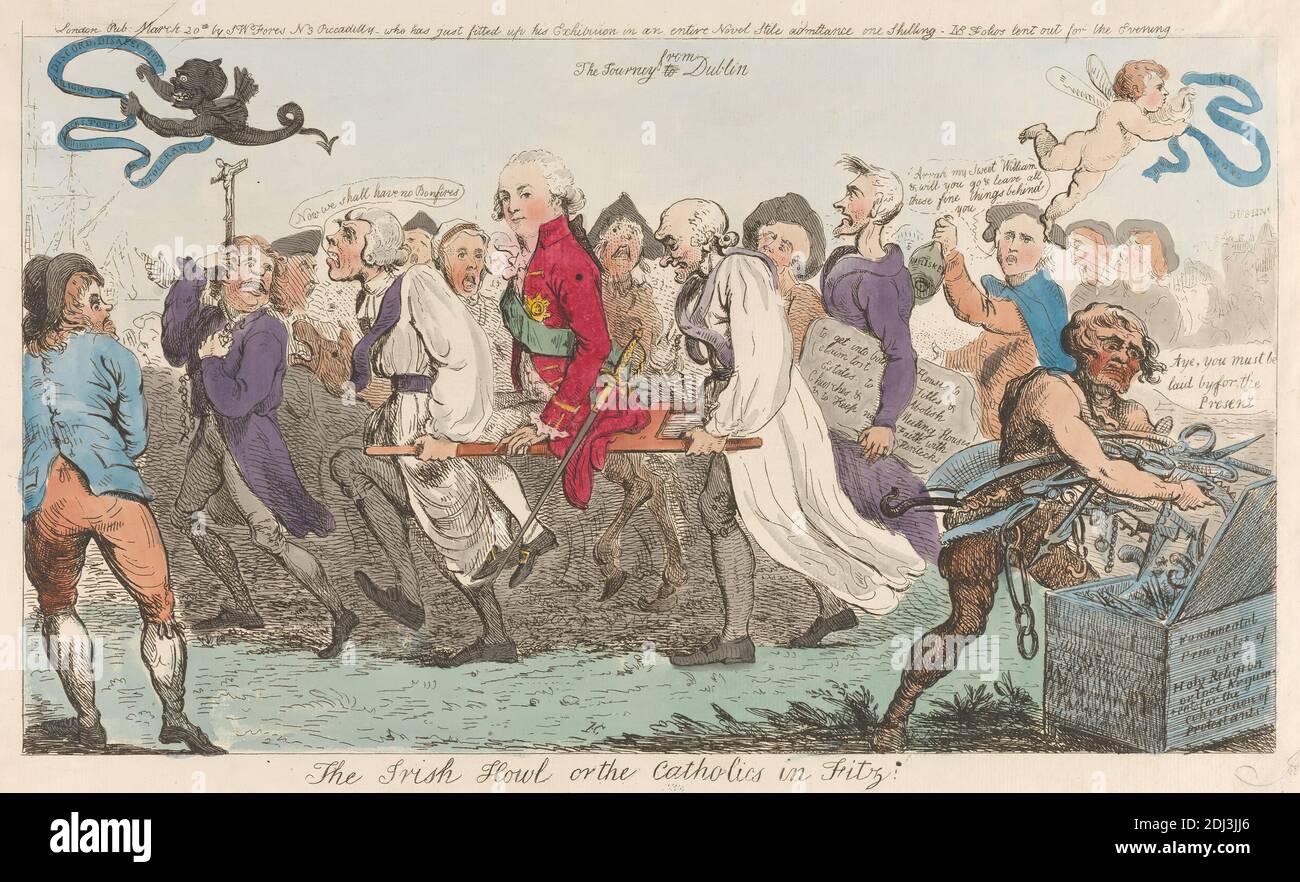 The Irish Howl or the Catholics in Fitz!, Isaac Cruikshank, 1756–1810, British, 1795, Etching, colore a mano, foglio: 8 5/8 x 15 1/8in. (21.9 x 38,4 cm Foto Stock