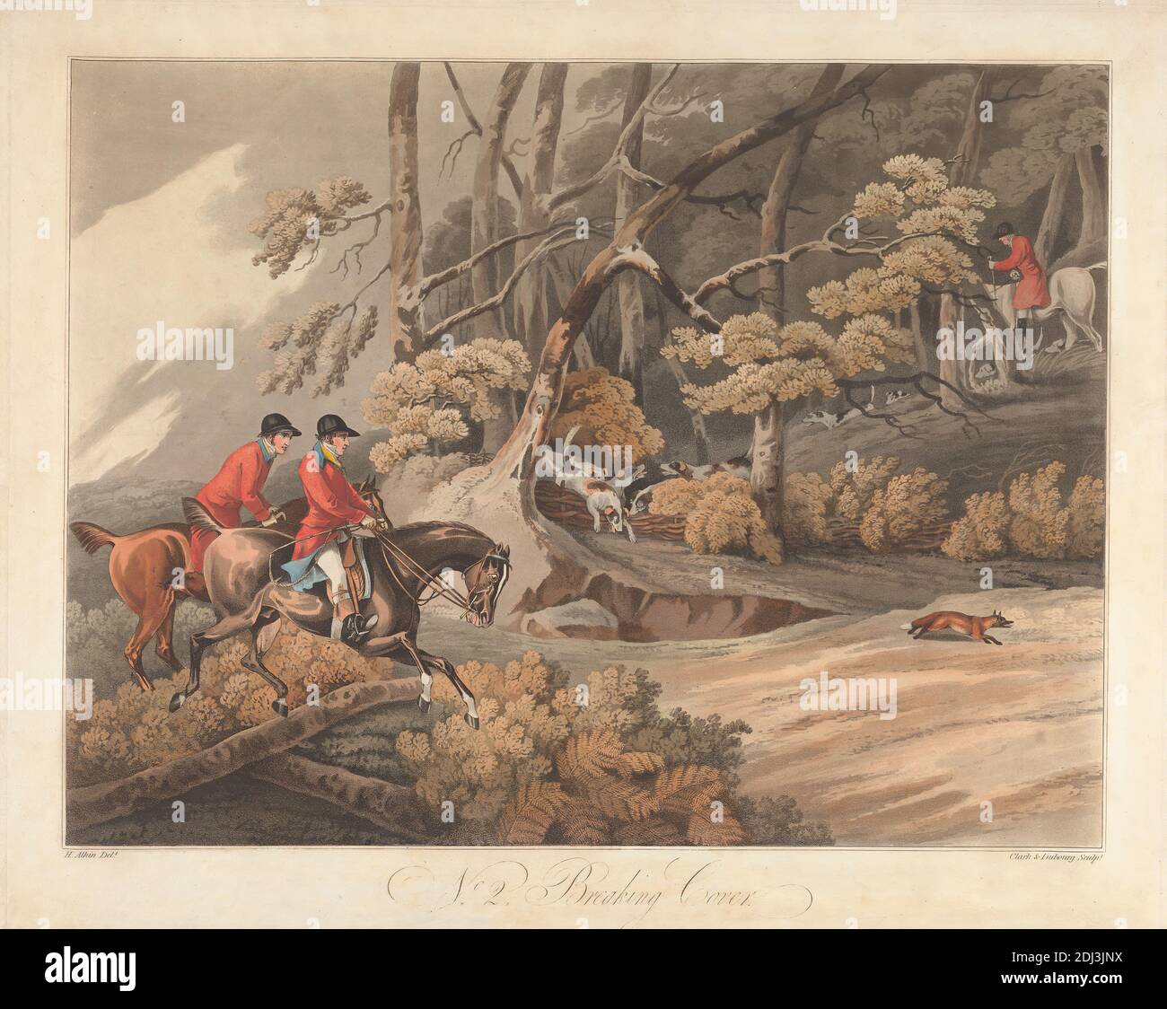 Set of Four - FOX-Hunting: Breaking Cover, Matthew Dubourg, ( e Clark ), attivo 1786–1838, britannico, dopo Henry Thomas Alken, 1785–1851, inglese, 1813, Aquatint, colorato a mano, foglio: 13 3/8 x 19 11/16in. (34 x 50 cm Foto Stock