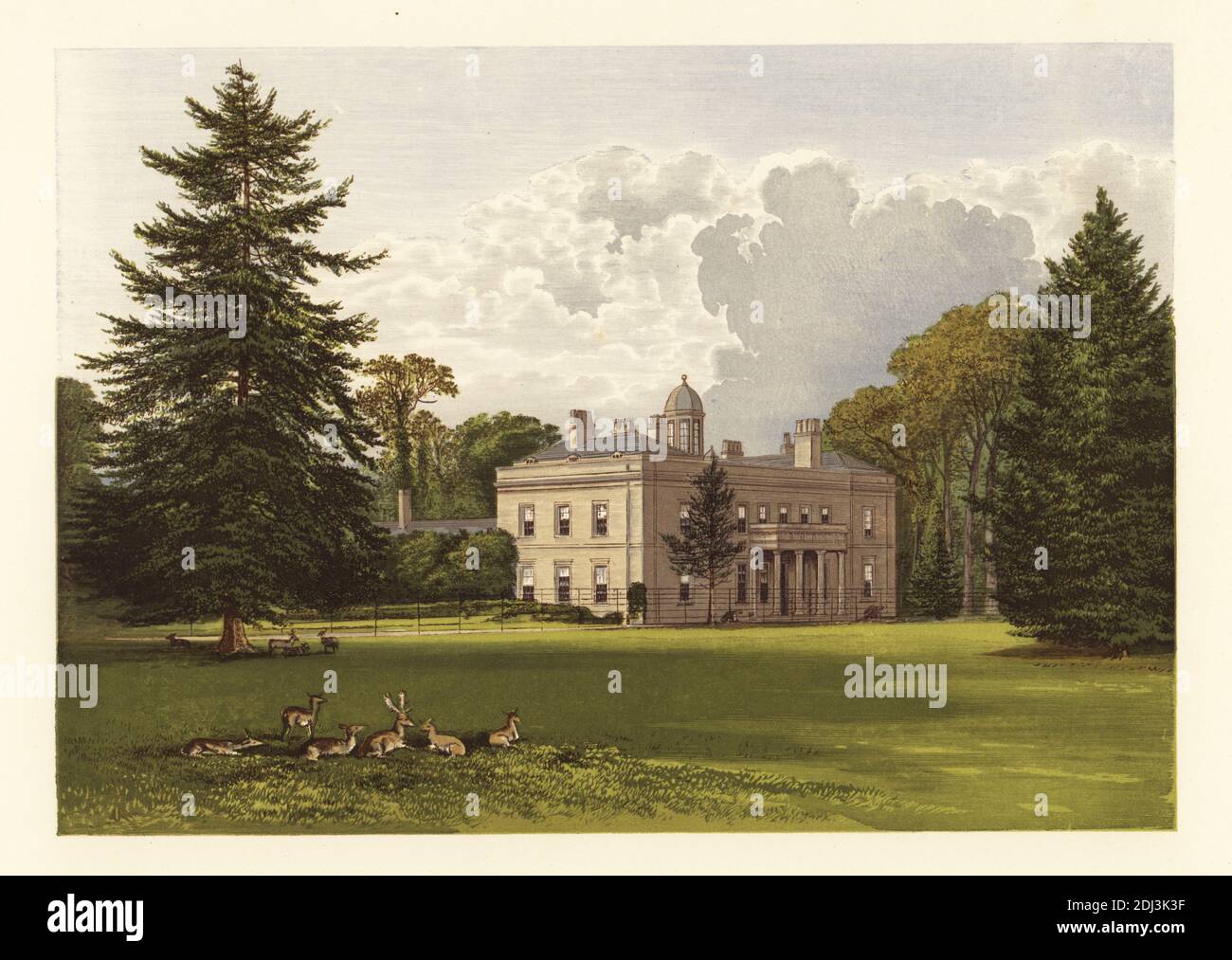 Brockley Hall, Somersetshire, Inghilterra. Casa della fine del XVIII secolo ristrutturata nel 1825 in un semplice stile greco-revival con parco cervi e eronazione per John Hugh Smyth-Pigott. Color woodblock di Benjamin Fawcett nel processo di Baxter di un’illustrazione di Alexander Francis Lydon dal reverendo Francis Orpen Morris del pittoresco panorama delle sedi dei nobili e dei signori della Gran Bretagna e dell’Irlanda, William Mackenzie, Londra, 1880. Foto Stock