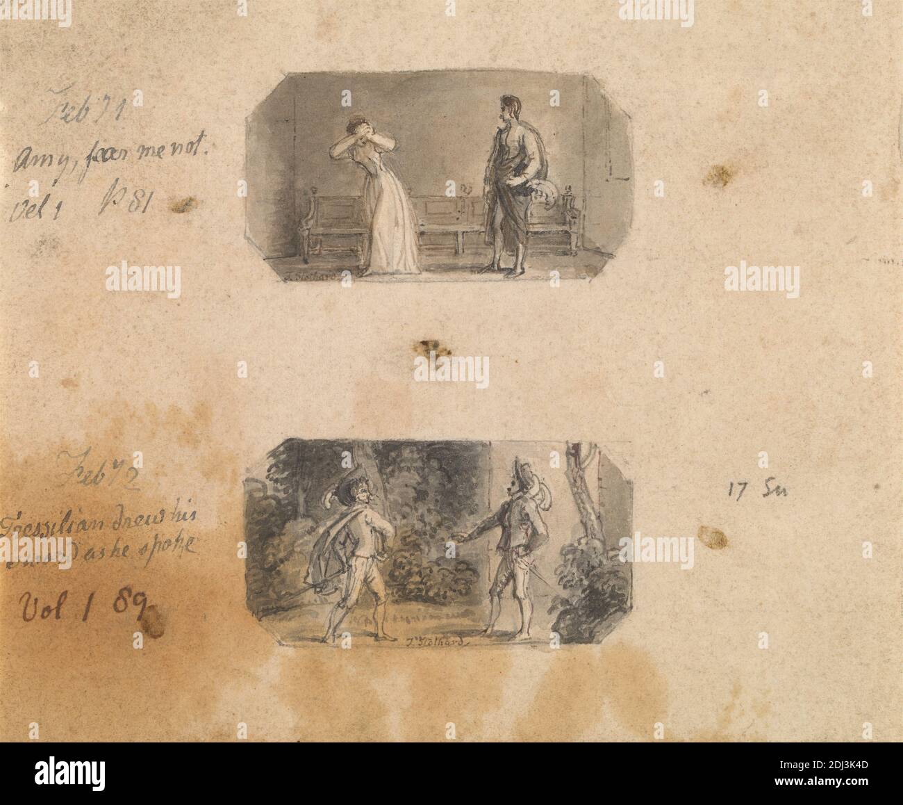 1 febbraio: Amy Fear Me Not (Vol 1, p. 81) 2 febbraio: Tressilian ha disegnato la sua Spada mentre parlava (Vol 1, P. 89), Thomas Stothard, 1755–1834, inglese, non trattato, acquerello con inchiostro a penna e nero e inchiostro a penna e marrone su carta in wove sottile, liscia e crema, foglio: 3 3/4 × 4 1/2 pollici (9.5 × 11.4 cm), panca, guardaroba, cortigiani, doppiette, abito, duello, genere soggetto, interno, Kenilworth, di Walter scott, 1821, uomo, pumes, spade, donna Foto Stock
