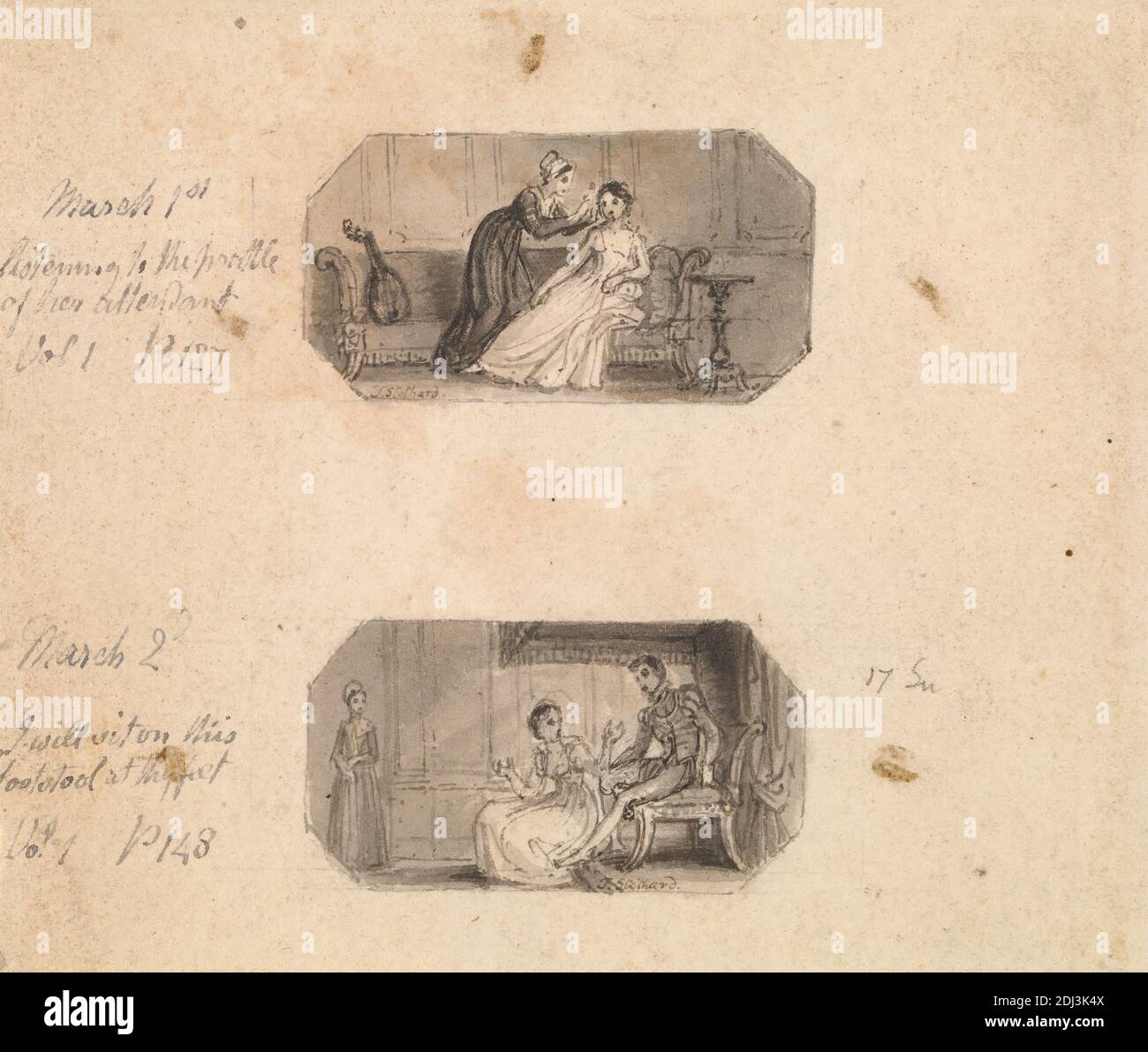 1 marzo: Ascoltare il battito del suo Attendente (Vol 1, p. 127) 2 marzo: Sederò su questo sgabello ai tuoi piedi (Vol 1, p. 148), Thomas Stothard, 1755–1834, inglese, non trattato, lavaggio grigio con penna e inchiostro nero su carta in wove sottile, liscia, crema, foglio: 3 3/4 × 4 1/2 pollici (9.5 × 11.4 cm), baldacchino, divano, abito, poggiapiedi, genere soggetto, Kenilworth, di Walter scott, 1821, liuto, uomo, servo, tavolino, trono, uniforme, donne Foto Stock