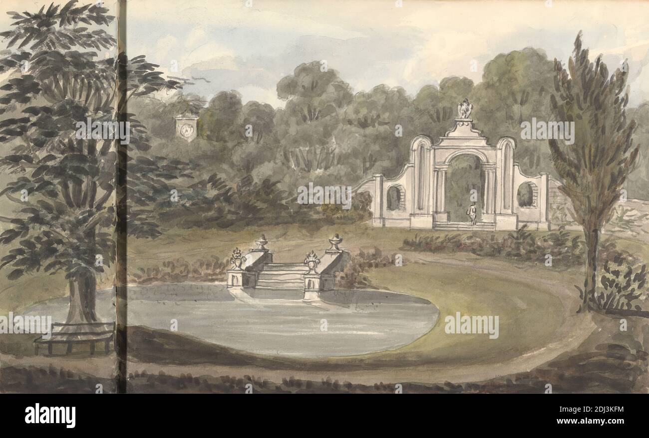 Flower Garden, Finborough Hall, settembre 1828, Anne Rushout, ca. 1768–1849, British, 1828, acquerello su carta di wove crema di spessore moderato e leggermente testurizzata Foto Stock