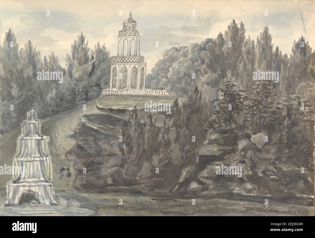 A Alton Towers, Anne Rushout, ca. 1768–1849, inglese, da 1824 a 1832, acquerello su carta di wove crema di spessore moderato e leggermente testurizzata Foto Stock
