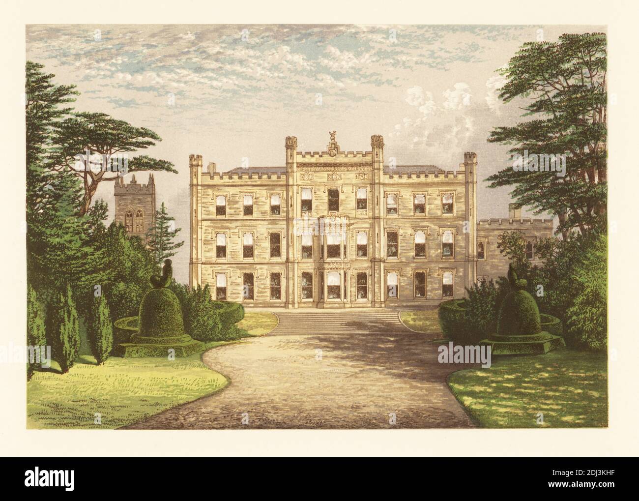 Elvaston Castle, Derbyshire, Inghilterra. Casa in stile gotico-revival costruita da Robert Walker e progettata da James Wyatt nell'era della Regency, con giardini progettati da William Barron per Charles Stanhope, III conte di Harrington. Color woodblock di Benjamin Fawcett nel processo di Baxter di un’illustrazione di Alexander Francis Lydon dal reverendo Francis Orpen Morris del pittoresco panorama delle sedi dei nobili e dei signori della Gran Bretagna e dell’Irlanda, William Mackenzie, Londra, 1880. Foto Stock