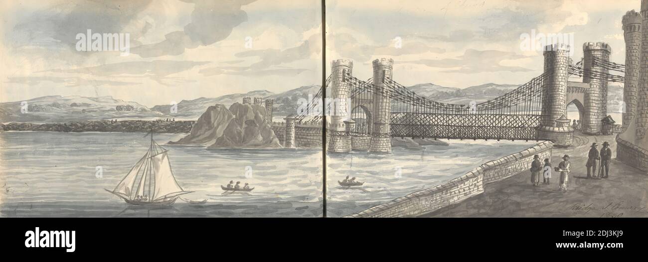 Ponte a Conway 1830, Anne Rushout, ca. 1768–1849, British, 1830, acquerello su carta di wove crema di spessore moderato e leggermente testurizzata Foto Stock