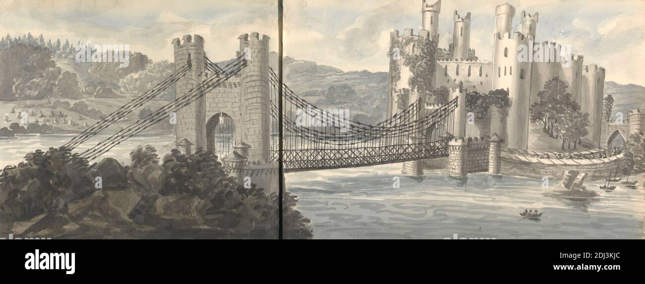 Ponte e Castello Conway, Anne Rushout, ca. 1768–1849, inglese, da 1824 a 1832, acquerello su carta di wove crema di spessore moderato e leggermente testurizzata Foto Stock