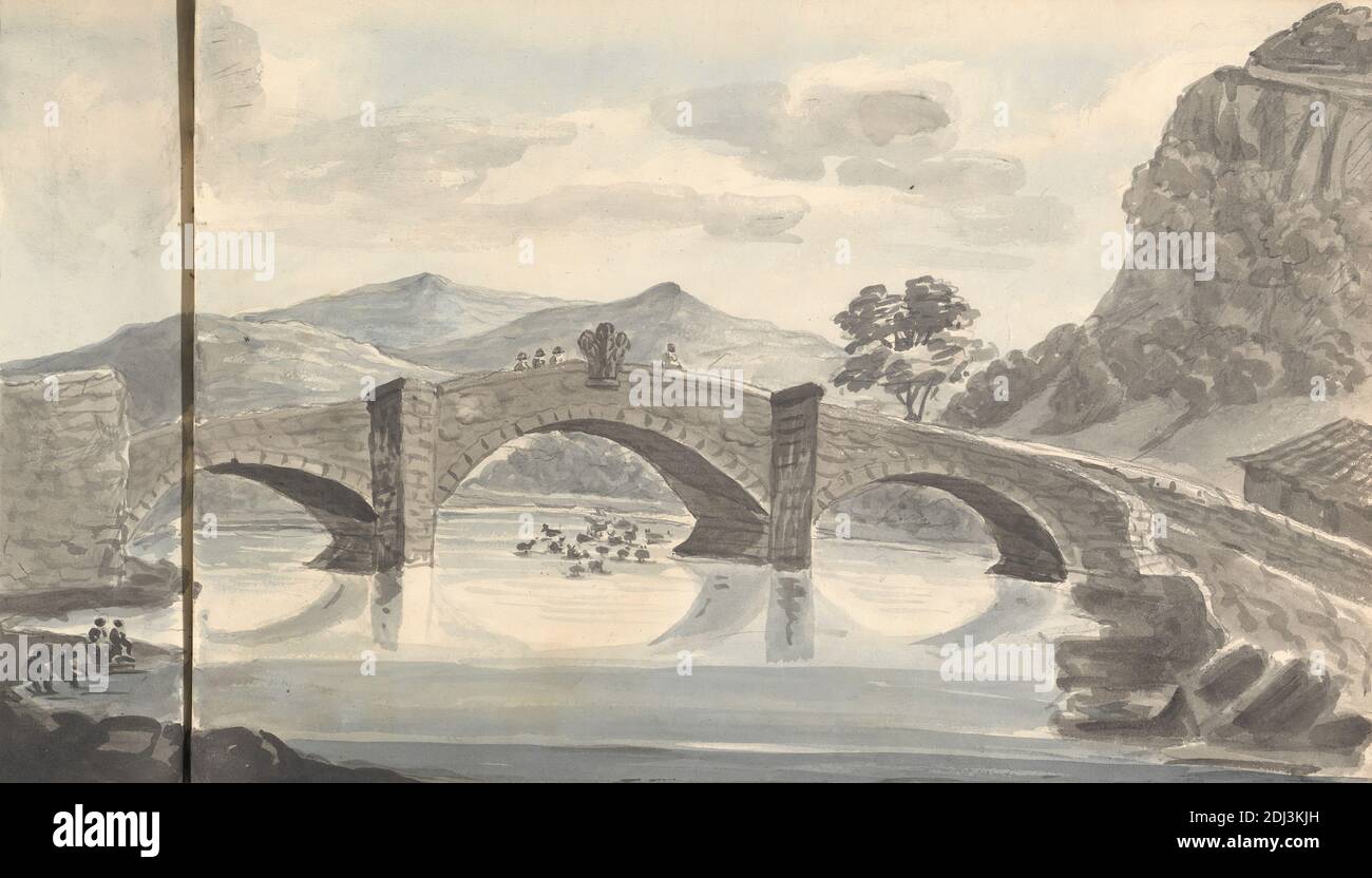 Llanwryst Bridge and River, settembre 1830, Anne Rushout, ca. 1768–1849, British, 1830, acquerello su carta di wove crema di spessore moderato e leggermente testurizzata Foto Stock