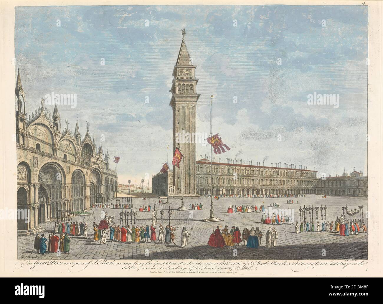 Il Grande luogo o Piazza di San Marco visto dal Grande Orologio. Sul lato sinistro si trova il portale della Chiesa di San Marco. Il magnifico edificio sul lato anteriore sono le abitazioni dei Procuratori di San Marco, Nathaniel Parr, attivi 1742–1751, britannici, dopo artista sconosciuto, (Marieschi, M.), intagliato, intarsio a mano su carta di wove, piatto: 11 1/2 x 15 3/4in. (29.2 x 40 cm) e NON UTILIZZARE: 12 1/2 x 18 pollici. (31.8 x 45,7 cm), chiesa, paesaggio urbano, bandiere, uomini, palazzo, donne, Europa, Italia, Piazzetta di San Marco, Venezia Foto Stock
