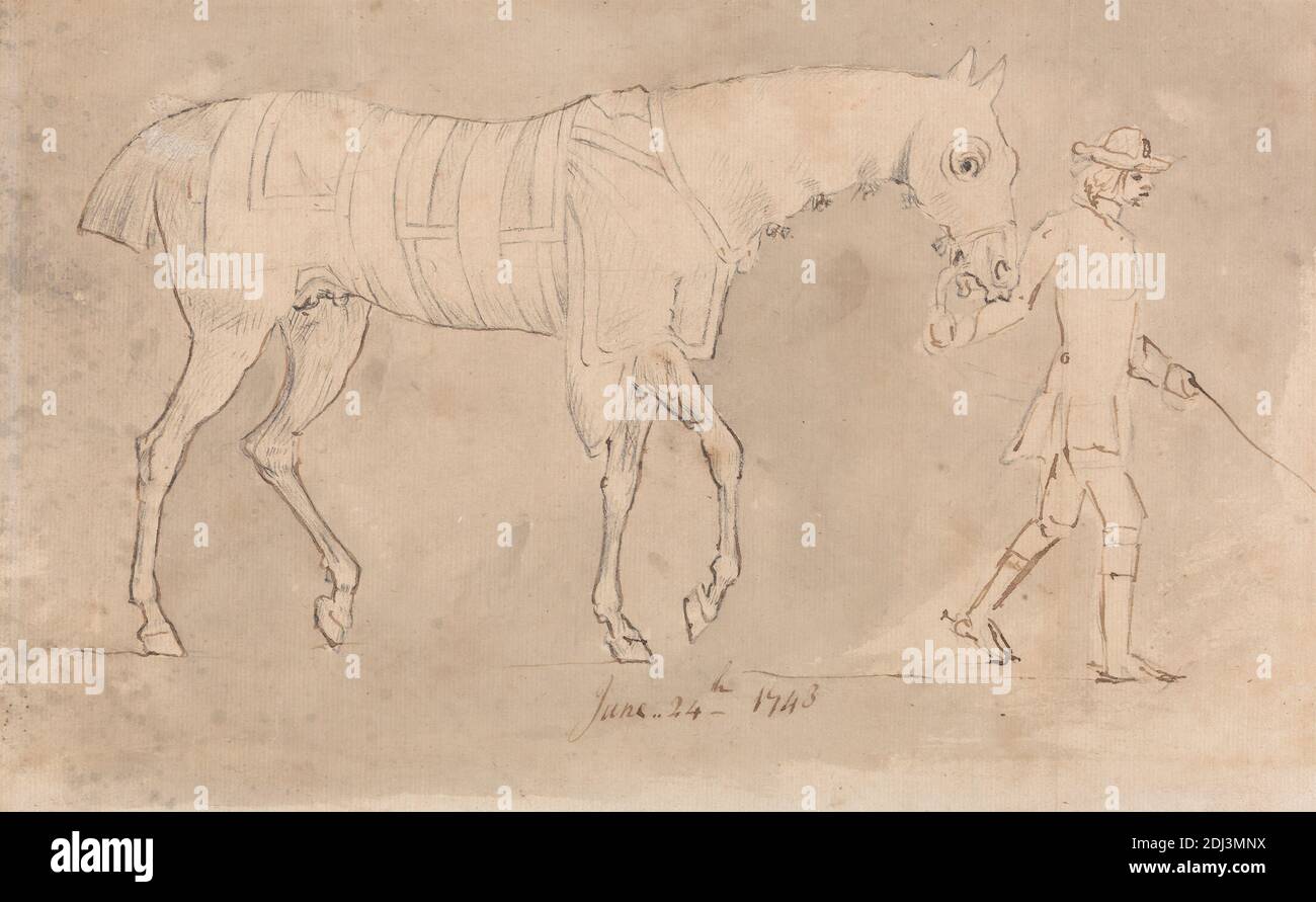 Groom Leading a Racehorse indossare cappuccio e pullover, 24 giugno 1743, James Seymour, 1702–1752, British, 1743, grafite, penna, inchiostro marrone e lavaggio grigio su terreno, leggermente testurizzato, crema, carta posata, montato su, moderatamente spesso, testurizzato, beige, carta posata, supporto: 9 3/8 × 14 3/8 pollici (23.8 × 36.5 cm) e foglio: 6 7/16 × 10 5/16 pollici (16.4 × 26.2 cm), arte animale Foto Stock