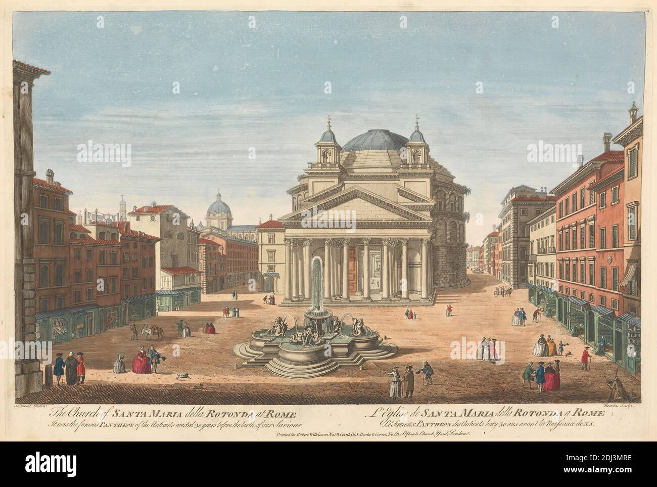 La Chiesa di Santa Maria della rotonda a Roma; fu il famoso Pantheon degli antichi eretto 30 anni prima della nascita del nostro Salvatore, Carington Bowles, 1724–1793, britannico, dopo l'artista sconosciuto, (Seemond), incisa, colorata a mano su carta di wove, piatto: 11 1/2 x 16 3/4in. (29.2 x 42,5 cm) e NON UTILIZZARE: 12 1/2 x 18 pollici. (31.8 x 45,7 cm), soggetto architettonico, chiesa, paesaggio urbano, fontana, piazza, negozi, tempio, Europa, Italia, Lazio, Pantheon (Roma), Roma Foto Stock