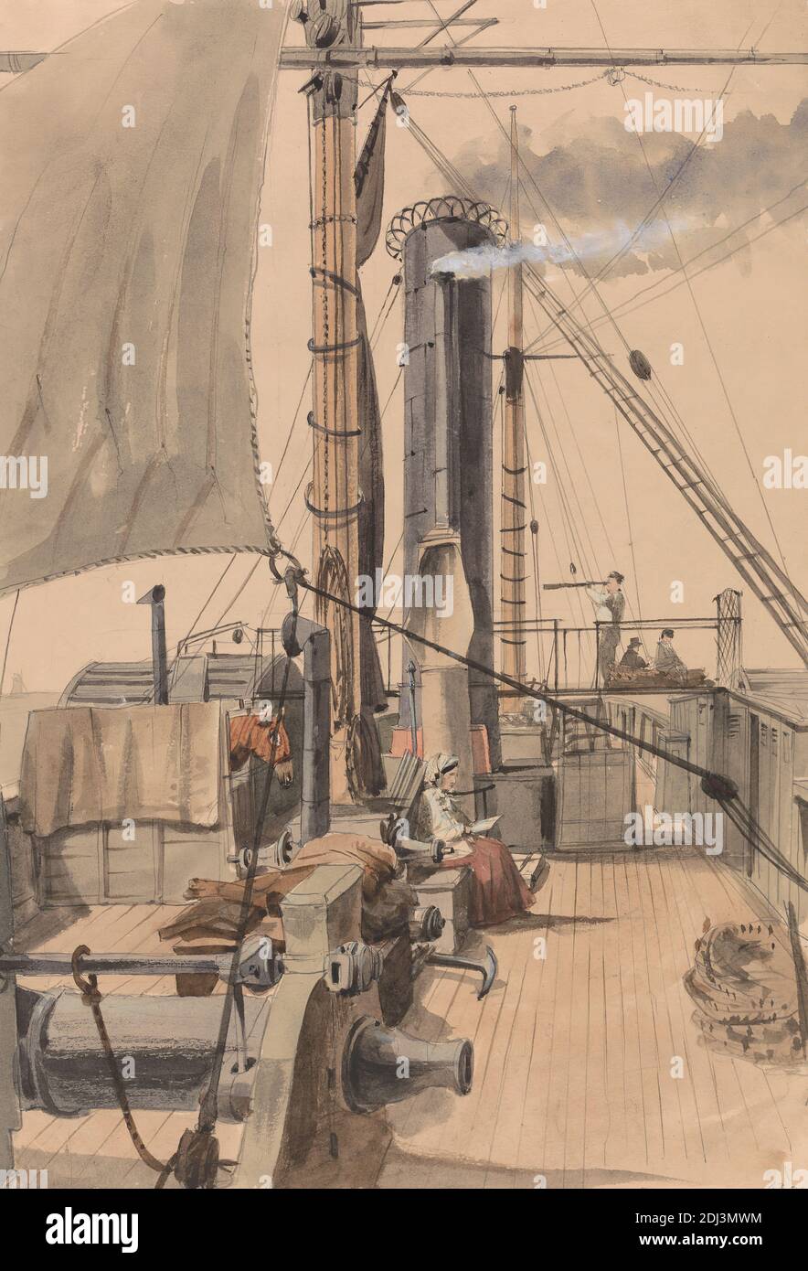 Ponte di un piroscafo a pale con una ragazza che legge e un cavallo che viaggia in un Loose-Box, Edward Allen Everitt, 1824–1882, inglese, non satinato, acquerello, penna e inchiostro nero, inchiostro marrone, inchiostro grigio, grafite e gouache su spessore moderato, leggermente testurizzato, beige, carta wove, foglio: 12 15/16 × 8 13/16 pollici (32.9 × 22.4 cm), barca, ponte, ragazza, cavallo (animale), uomini, lettura, vele, vapore, piroscafi, pagaia Foto Stock