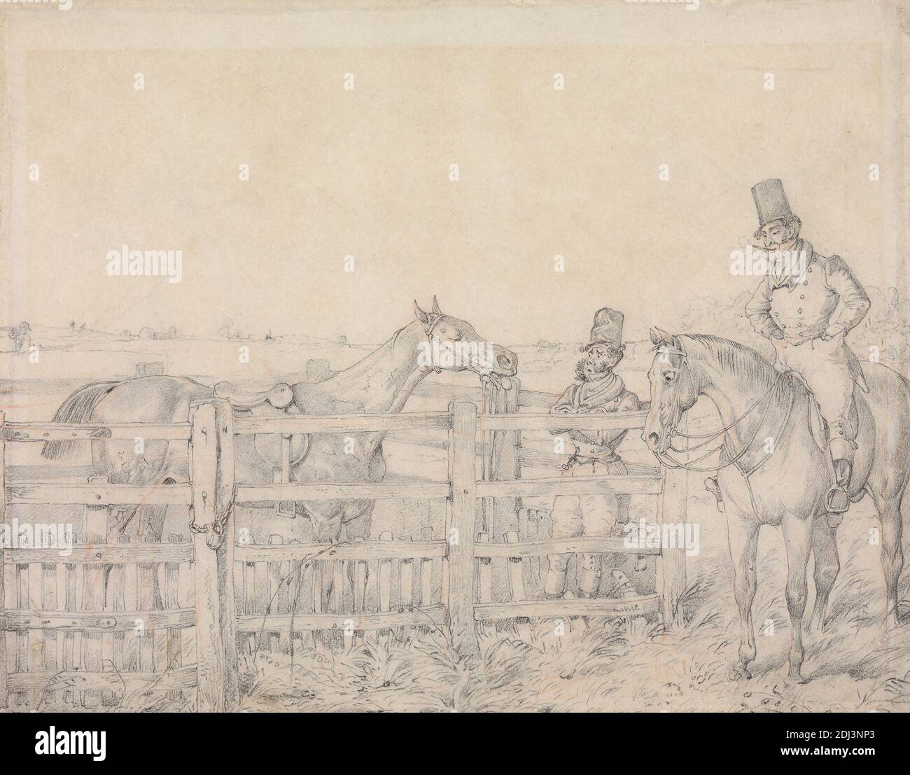 Nozioni sportive': 'Ho una nozione che My Horse assomiglia a 40 Guineas in the Pound', Henry Thomas Alken, 1785–1851, inglese, tra il 1831 e il 1832, grafite con gesso rosso su carta sottile, liscia, bianca blu, wove, foglio: 6 9/16 × 8 3/8 pollici (16.7 × 21.3 cm), recinzione, cavalieri, equitazione, cavalli (animali), uomini, redini, arte sportiva Foto Stock