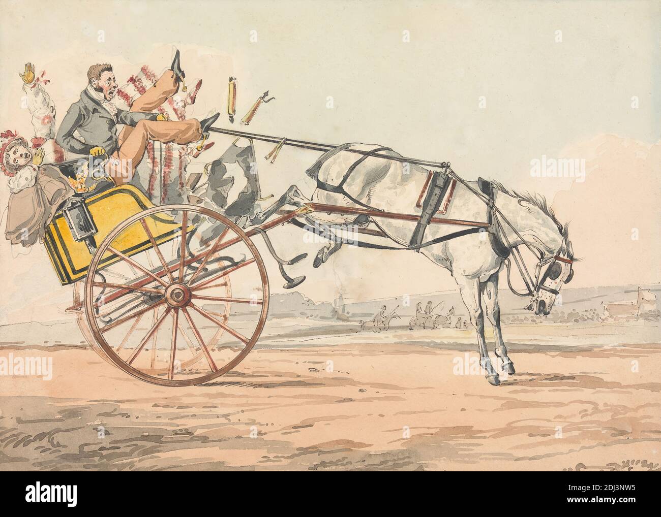 Scoperte sportive, o le miserie di guida...' Scopri che le redini sono sotto la sua coda, Henry Thomas Alken, 1785–1851, inglese, non satinato, acquerello, con penna, in inchiostro marrone e nero, su grafite su media, leggermente testurizzata, beige, carta wove, foglio: 7 1/2 × 10 3/8 pollici (19.1 × 26.4 cm), carrozza, conducente, guida, caduta, genere soggetto, cavallo (animale), uomo, allevamento (cavallo), redini, donna Foto Stock