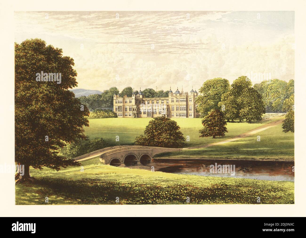 Audley End House, Essex, Inghilterra. Casa di prodigio Jacobean costruita nel 17 ° secolo con giardini paesaggistici da Capability Brown nel 18 ° secolo per i conti di Suffolk. Color woodblock di Benjamin Fawcett nel processo di Baxter di un’illustrazione di Alexander Francis Lydon dal reverendo Francis Orpen Morris del pittoresco panorama delle sedi dei nobili e dei signori della Gran Bretagna e dell’Irlanda, William Mackenzie, Londra, 1880. Foto Stock