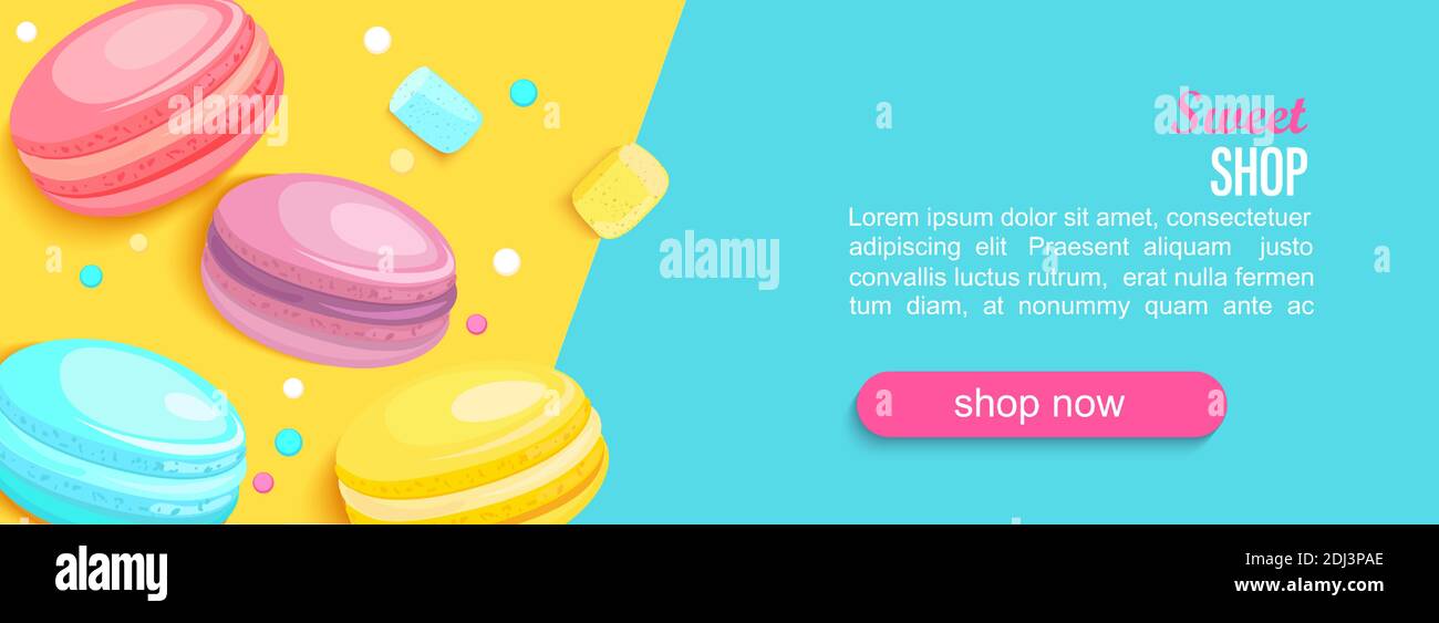 Striscione orizzontale Sweet Shop con gustosi macaron. Illustrazione Vettoriale
