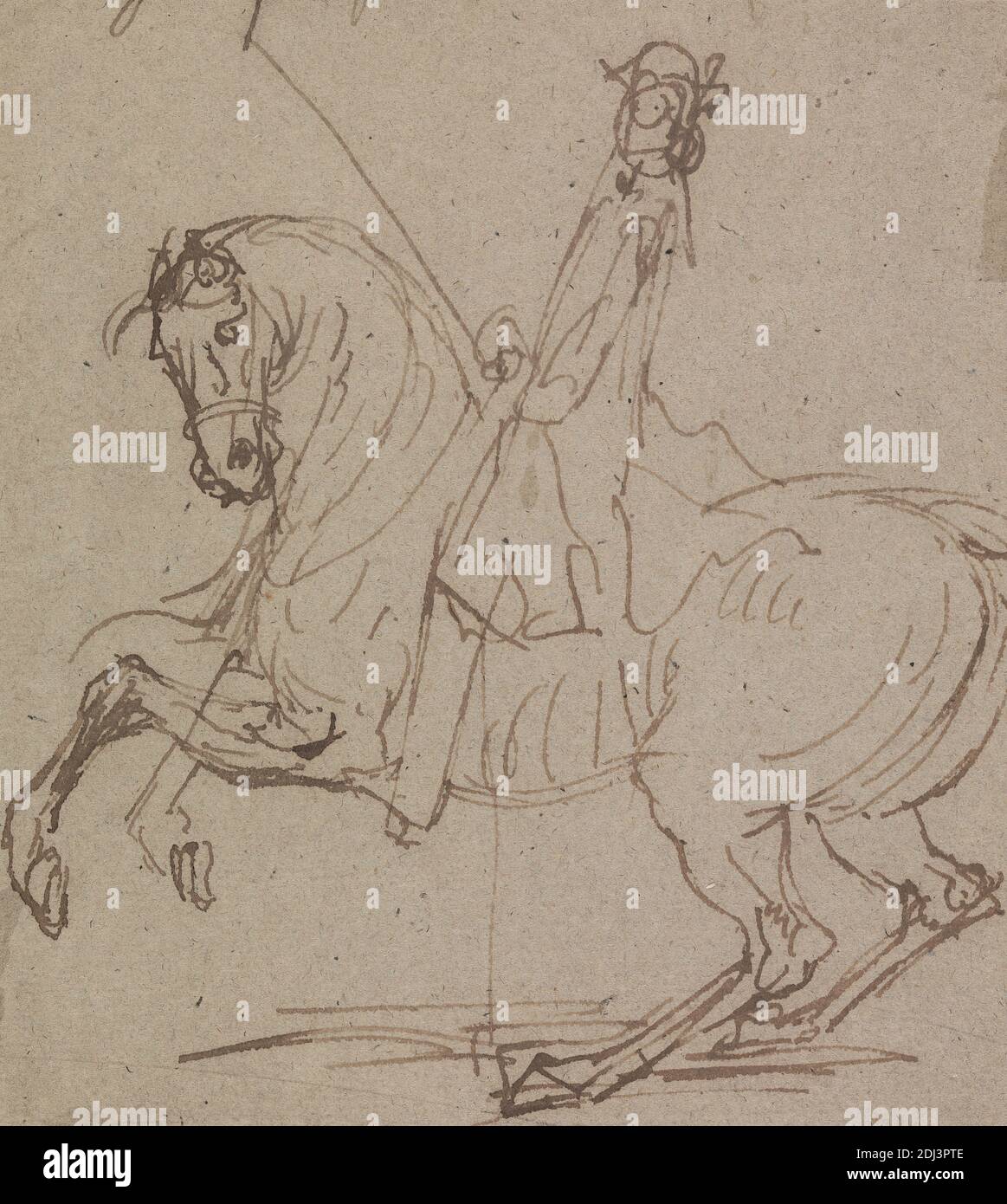Un cavallo saddled, rivolto a sinistra, Peter Tillemans, 1684–1734, fiammingo, attivo in Gran Bretagna (dal 1708), non satinato, acquerello, lavaggio marrone, grafite, e gouache su medio, leggermente testurizzato, beige, carta posata, foglio: 5 5/8 × 6 3/4 pollici (14.3 × 17.1 cm), arte animale Foto Stock