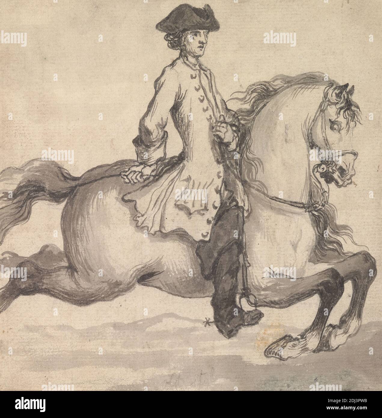 Il Capriole, quando si alza prima e nello stesso tempo Thro's out suo Hind Legs & Quarters on a Strait Line:' inciso come piatto 25 in 'Twenty Five Actions of the Manage Horse...', John Vanderbank, 1694–1739, British, 1729, penna e inchiostro nero, inchiostro grigio, E lavaggio grigio su medio, moderatamente testurizzato, bianco bluito, carta posata, foglio: 6 1/8 × 6 pollici (15.6 × 15.2 cm), arte animale, galoppo, genere soggetto, cavallo (animale), cavalieri, equitazione, uomo, arte sportiva, cappello tricorno Foto Stock