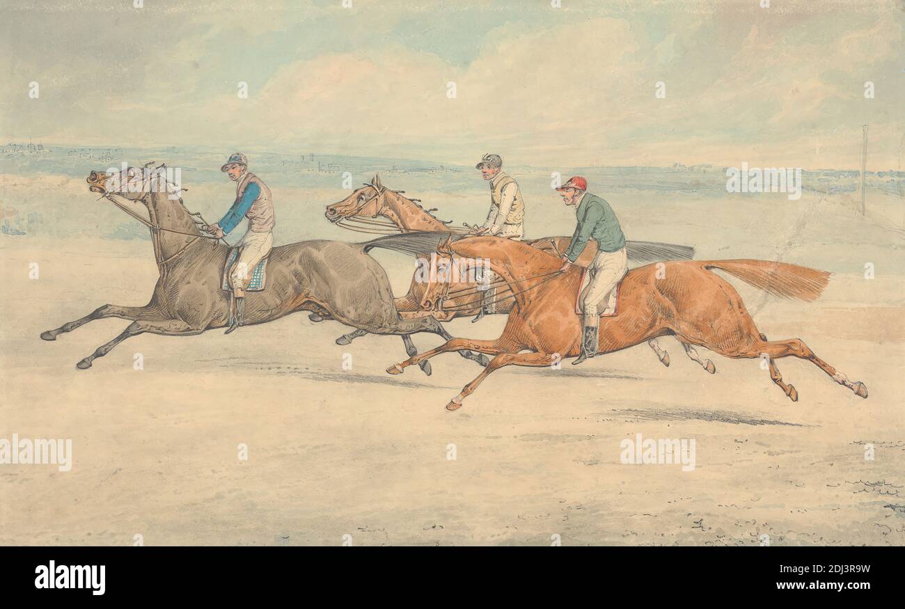 Tre cavalli da corsa con i cimini su Galloping in un gruppo a sinistra, Henry Thomas Alken, 1785–1851, inglese, non satinato, grafite e acquerello su carta di spessore moderato, leggermente testurizzata, crema, carta di wove, foglio: 10 11/16 × 17 3/4 pollici (27.1 × 45.1 cm), galoppo, corse di cavalli, cavalieri, equitazione, cavalli (animali), jockey, uomini, gara (evento), arte sportiva Foto Stock