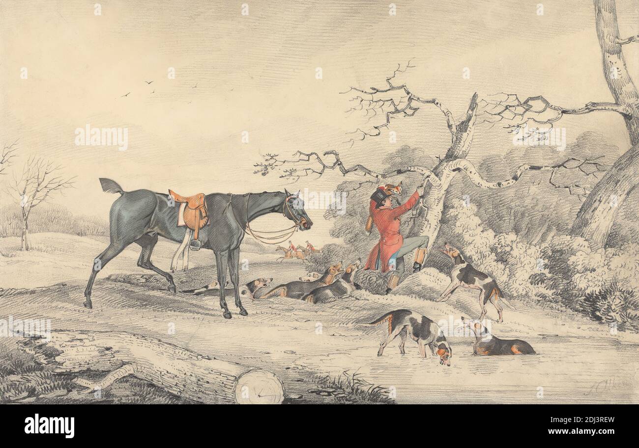 Treeing a Fox, Samuel Alken, 1756–1815, inglese, non satinato, acquerello, penna e inchiostro nero e grafite su carta media, leggermente testurizzata, bianca blu, wove paper, foglio: 10 1/2 × 16 1/2 pollici (26.7 × 41.9 cm), cespugli, cani (animali), campi, volpe (animali), caccia alla volpe, cavalieri, equitazione, cavalli (animali), abbracci (cani), caccia, cacciatori, caccia, paesaggio, uomini, stagno, arte sportiva, alberi Foto Stock