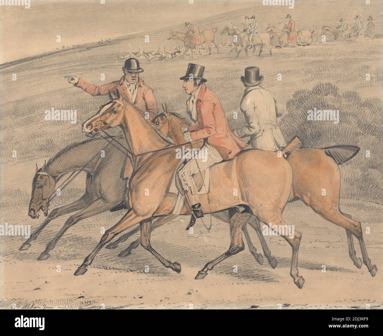 Foxhunting: Going to Draw Cover..., Samuel Alken, 1756–1815, inglese, non satinato, acquerello, penna e inchiostro nero, grafite su carta media, leggermente testurizzata, beige, carta wove, foglio: 8 3/4 × 10 7/8 pollici (22.2 × 27.6 cm), cespugli, cani (animali), campo, caccia alla volpe, collina, cavalieri, equitazione, cavalli (animali), abbracci (cani), caccia, cacciatori, caccia, paesaggio, uomini, arte sportiva Foto Stock