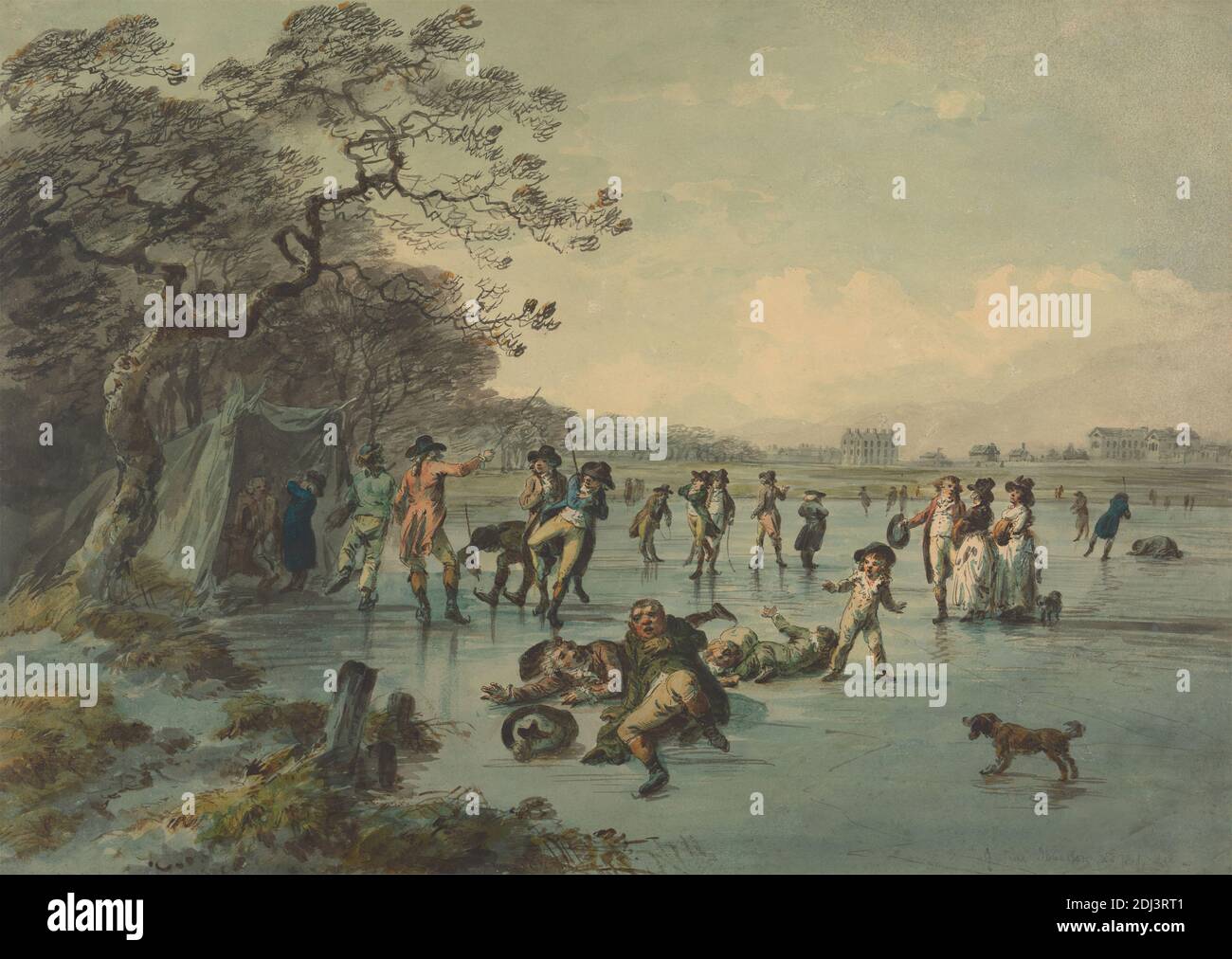 Pattinaggio a Hyde Park, Julius Caesar Ibbetson, 1759–1817, inglese, ca. 1785, acquerello, penna e inchiostro nero, inchiostro marrone, inchiostro grigio e grafite su carta di spessore moderato, leggermente ruvida, crema, carta wove, foglio: 9 15/16 × 13 15/16 pollici (25.2 × 35.4 cm), bambini, cane (animale), caduta, paesaggio, uomini, pattinaggio, ghiaccio, arte sportiva, alberi, donne, città di Westminster, Inghilterra, Europa, Grande Londra, Hyde Park, Londra, Regno Unito Foto Stock