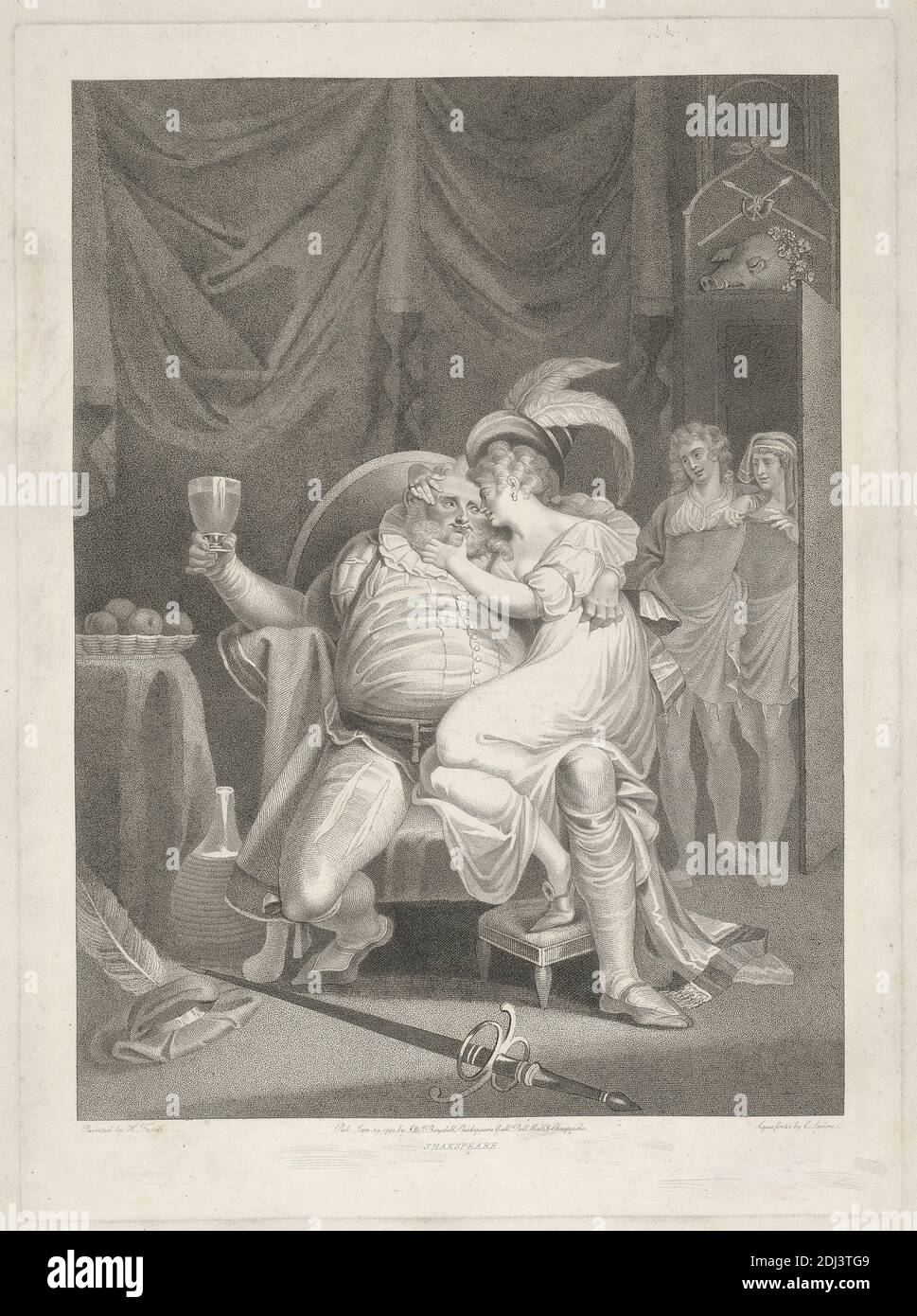 Enrico IV: Parte II, atto II, scena IV. 'Doll Tearsheet, Falstaff, Henry & Poins', William S. Leney, (e C. Leney ), 1769–1831, britannico, dopo Henry Fuseli, 1741–1825, svizzero, attivo in Gran Bretagna (1766–70; 1779 ON), 1803, incisione, foglio: 14 1/4 x 19 3/8in. (36.2 x 49,2 cm Foto Stock