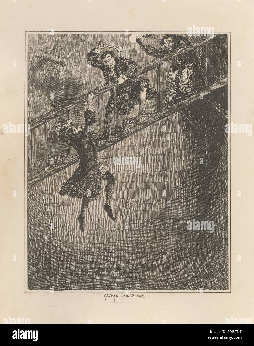 Jonathan Wild Thiring Sir Rowland Trenchard Down the Well-Hole, Stampa realizzata da George Cruikshank, 1792–1878, British, 1839, incisione su carta di wove crema di spessore moderato, liscia con collé di crine beige, foglio: 9 x 7 1/2 pollici (22.9 x 19 cm), piatto: 6 15/16 x 5 7/8 pollici (17.7 x 15 cm), foglio: 6 1/8 x 4 15/16 pollici (15.5 x 12.5 cm), e immagine: 4 13/16 x 3 3/4 pollici (12.2 x 9.5 cm), Capitolo 12 - 'il pozzo, criminali, Epoch il terzo: 'Il dissuicidio.', caduta, illustrazione, Jack Sheppard (romanzo), uccisione, tema letterario, uomini, omicidio, notte, romanzo, spada, lancio, torcia, bene ( Foto Stock