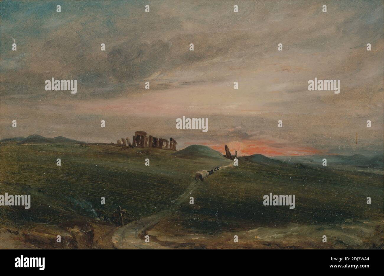 Stonehenge al Tramonto, artista sconosciuto, dopo John Constable, 1776–1837, British, 1836, olio su carta a bordo, supporto (PTG): 7 1/2 x 11 3/16 pollici (19.1 x 28.4 cm), carrozza, terracotta, colline, paesaggio, monumento, percorso, persone, preistoriche, rovine, pietre in piedi, Inghilterra, Stonehenge, Regno Unito, Wiltshire Foto Stock