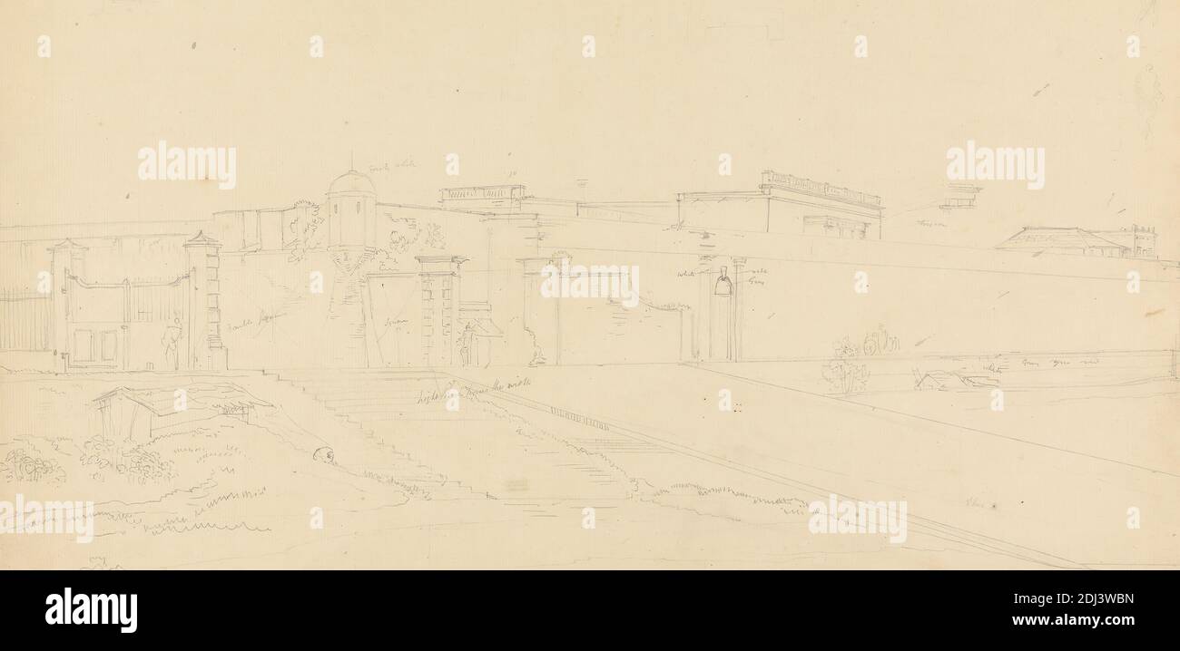 Fort William, Calcutta, Thomas Daniell, 1749–1840, inglese, attivo in India, William Daniell, 1769–1837, inglese, non satinato, grafite su medio, leggermente testurizzato, crema, carta defilata, montato su, moderatamente spesso, leggermente testurizzato, crema, carta wove, foglio: 10 1/16 × 20 5/8 cm (× 25.6 52.4 pollici) e supporto: 10 15/16 × 21 7/8 pollici (27.8 × 55.6 cm), soggetto architettonico Foto Stock