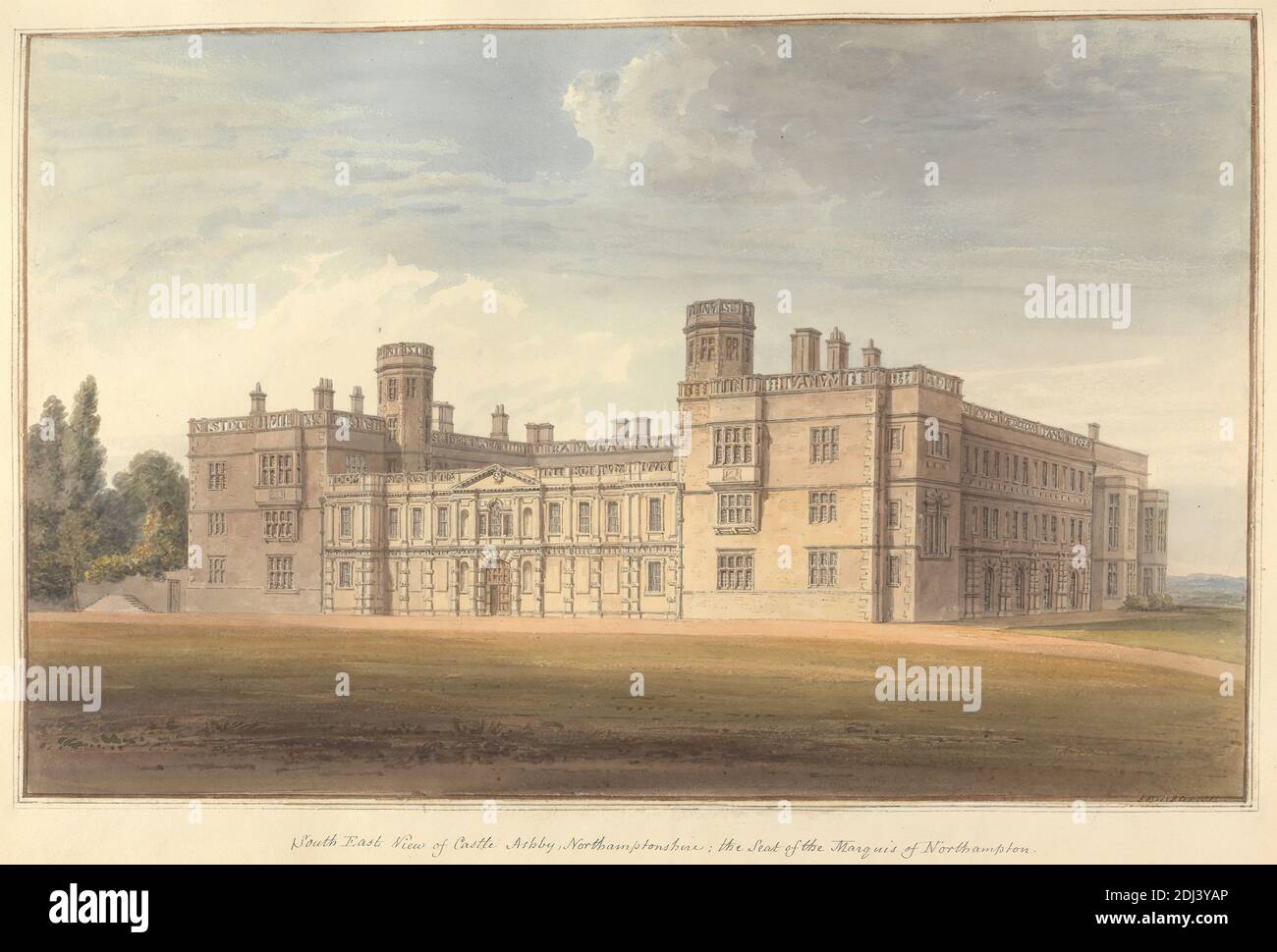 Vista sud-est del castello di Ashby, Northamptonshire; la sede del marchese di Northampton, John Buckler FSA, 1770–1851, British, e John Chessell Buckler, 1793–1894, British, 1815, acquerello e inchiostro nero su carta di wove crema di spessore moderato, foglio: 14 × 19 3/4 pollici (35.6 × 50.2 cm) e immagine: 11 × 17 3/4 pollici (27.9 × 45.1 cm), soggetto architettonico, finestre bovindo, castello, camini, casa di campagna, muli, parapetti, frontone, transomi (finestre), finestre, Ashby Castello, Inghilterra, Europa, Northamptonshire, Regno Unito Foto Stock