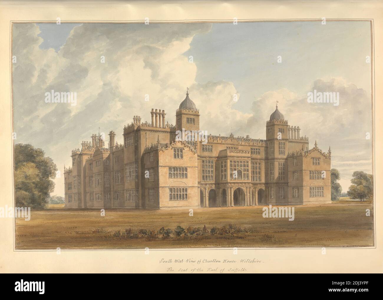 Vista sud-ovest di Charlton House Wiltshire la sede del conte di Suffolk, John Buckler FSA, 1770–1851, British, e John Chessell Buckler, 1793–1894, British, 1810, acquerello e penna e inchiostro nero su carta di wove crema di spessore moderato, foglio: 14 × 19 3/4 pollici (35.6 × 50.2 cm) e immagine: 11 3/4 × 18 1/4 pollici (29.8 × 46.4 cm), archi, soggetto architettonico, camini, casa di campagna, finals, Jacobean, loggia, muli, parapetti, torri, finestre, Charlton Park, Inghilterra, Europa, Malmesbury, Regno Unito, Wiltshire Foto Stock