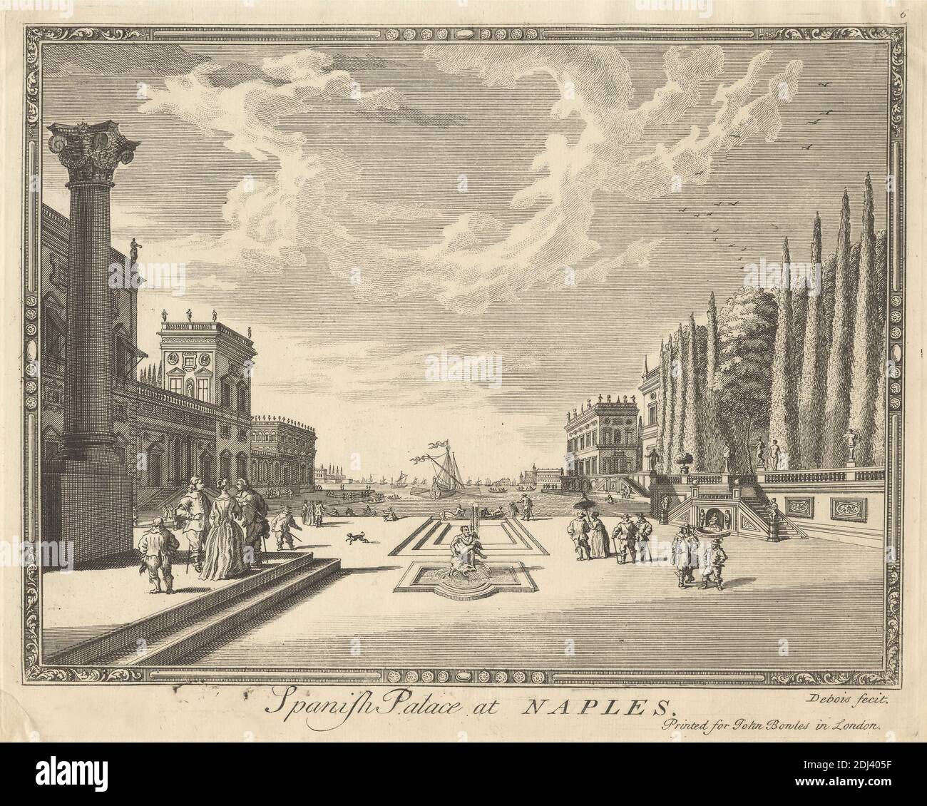Palazzo Spagnolo a Napoli, Stampa di artista sconosciuto, (de Bois), pubblicato da John Bowles, 1701–1779, inglese, non saturato, incisione e incisione a filo su carta media, leggermente testurizzata, crema, posata su supporto contemporaneo fatto di carta bianca a grana media, moderatamente spessa, blurizzata, supporto: 9 1/8 x 12 5/16 pollici (23.2 x 31.3 cm), foglio: 8 9/16 x 11 9/16 pollici (21.7 x 29.4 cm), piastra: 8 1/16 x 10 3/16 pollici (20.5 x 25.8 cm) e immagine: 7 3/8 x 9 3/4 pollici (18.7 x 24.8 cm), soggetto architettonico, calzoni (pantaloni), paesaggio urbano, cappotti, colonna (elemento architettonico), costume, cane ( Foto Stock