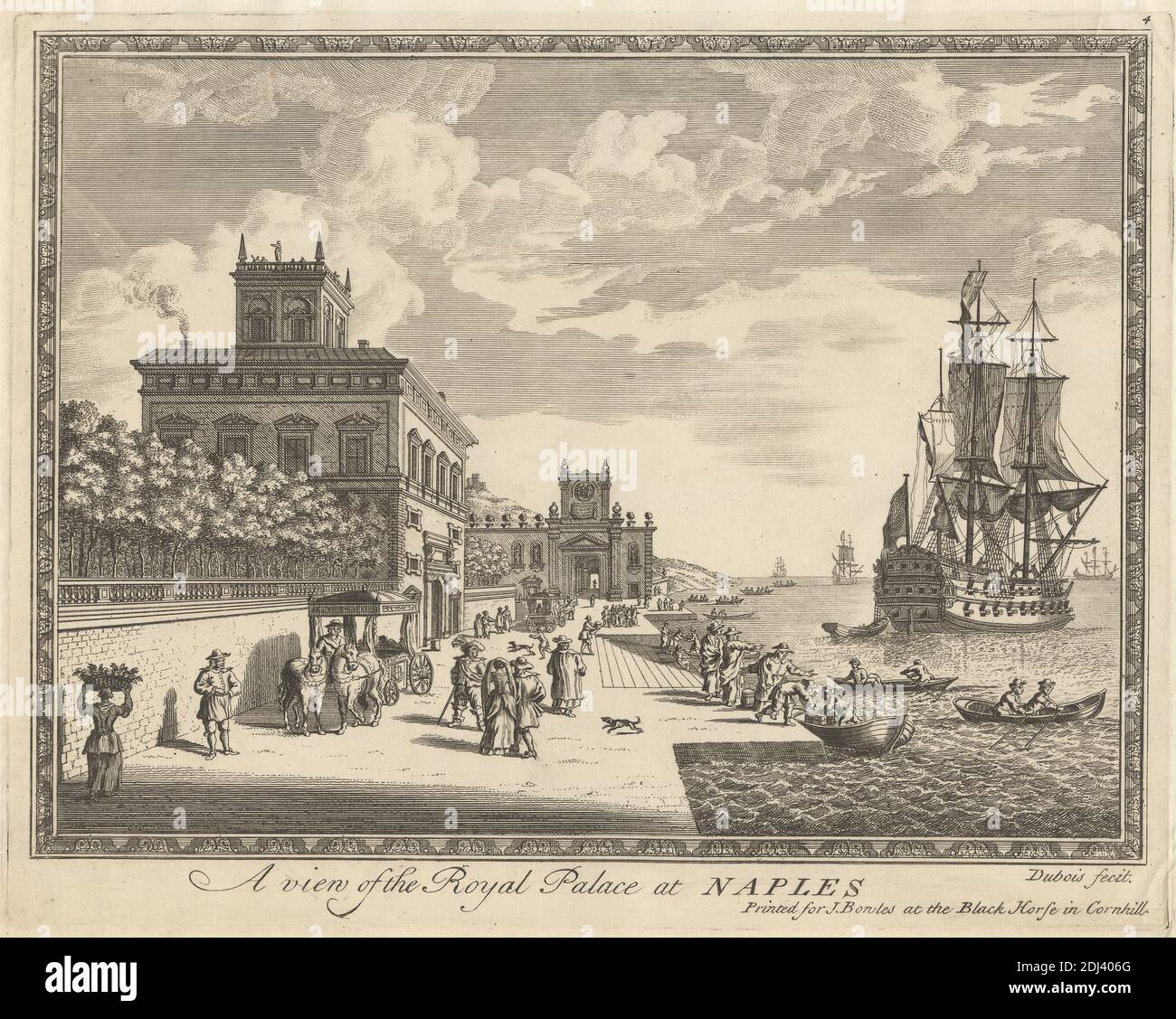 A View of the Royal Palace at Naples, Print made by unknown artist, (Dubois), Published by John Bowles, 1701–1779, British, Undated, Etching and line Incisioni su carta media, leggermente testurizzata, color crema, posata su supporto contemporaneo, realizzata in carta bianca, moderatamente spessa, bluta, supporto: 9 3/16 x 12 13/16 pollici (23.4 x 32.5 cm), foglio: 8 7/8 x 11 9/16 pollici (22.6 x 29.4 cm), piastra: 8 7/8 x 10 3/16 pollici (22.6 x 25.8 cm) e immagine: 7 5/16 x 9 13/16 pollici (18.5 x 24.9 cm), soggetto architettonico, architettura, cesto, carrozze, città, paesaggio urbano, cappotti, costume, cani ( Foto Stock