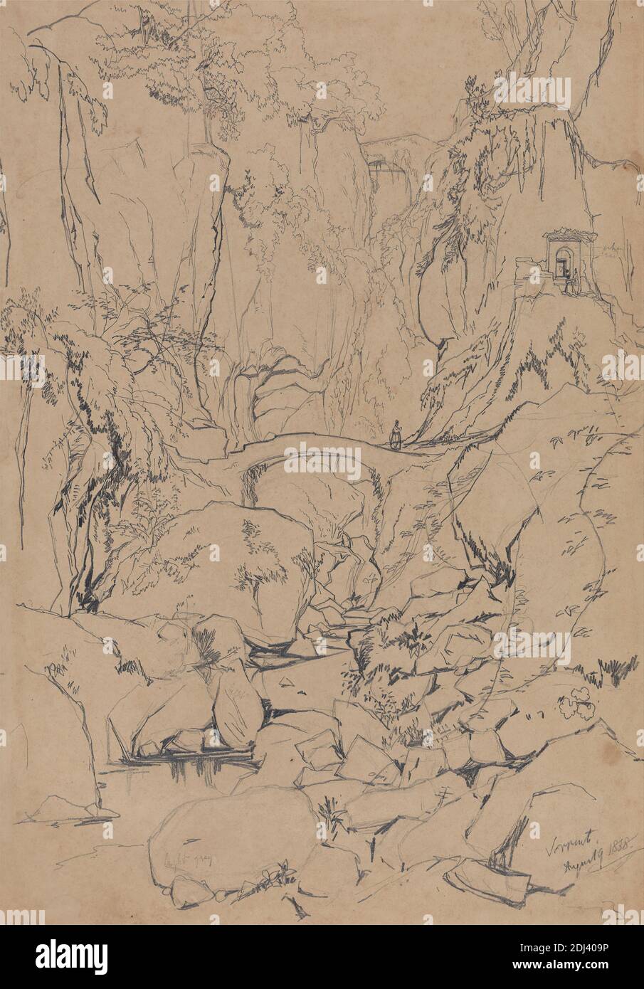 Sorrento, Edward Lear, 1812–1888, British, 1838, grafite su carta wove beige di spessore moderato, leggermente testurizzata, foglio: 16 9/16 x 11 5/8 pollici (42.1 x 29.5 cm), massi, ponte (opera costruita), scogliere, figura (rappresentazione), gola (forma di terra), paesaggio, rocce (forme di terra), strutture (opere singole), alberi, acqua, Campania, Italia, Sorrento Foto Stock