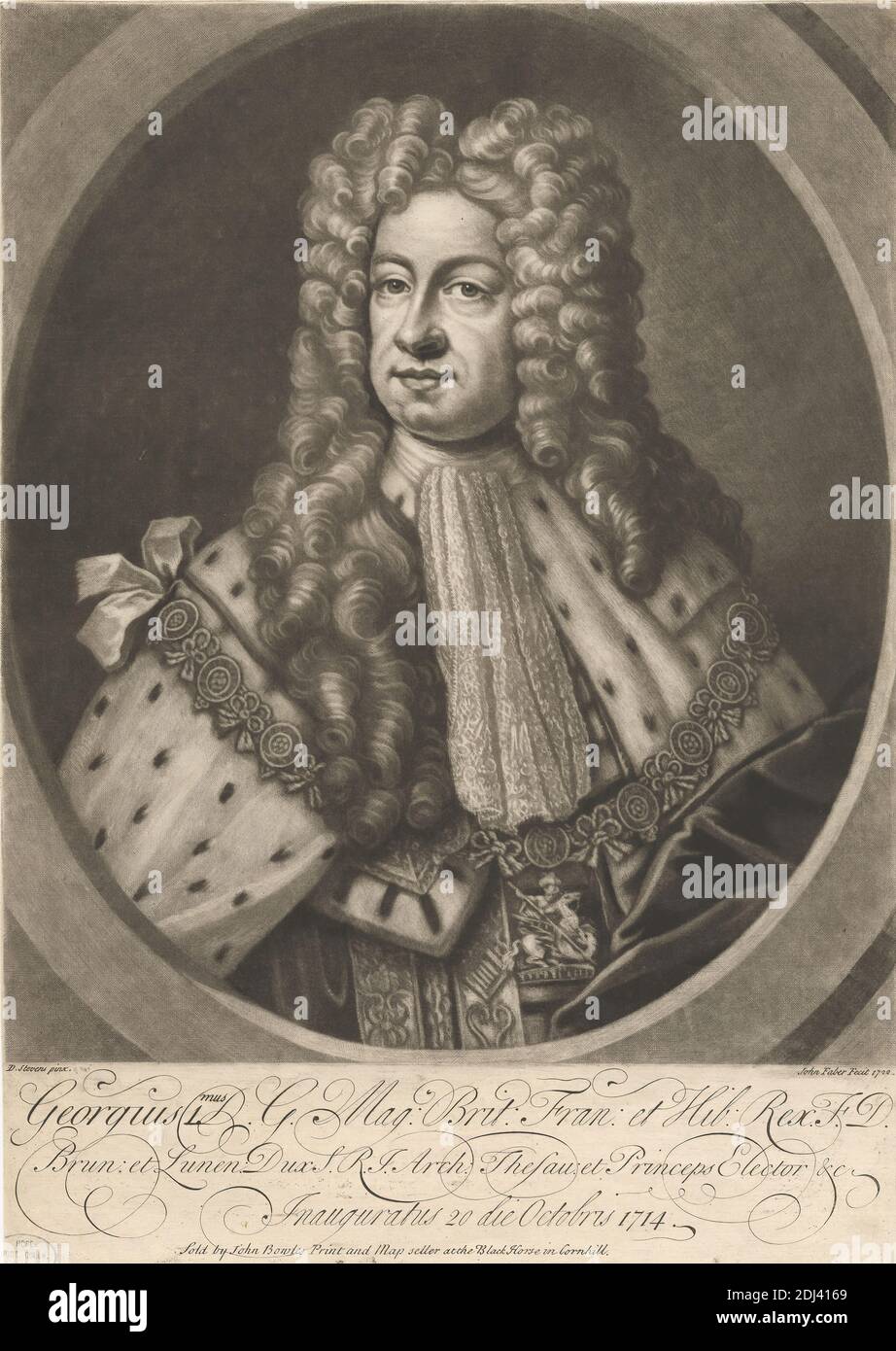 George i, John Faber il giovane, ca. 1695–1756, Netherlandish, attivo in Gran Bretagna, dopo D. Stevens, attivo 1722, pubblicato da John Bowles, 1701–1779, inglese, 1722, Mezzotint su carta lievemente spessa, leggermente testurizzata, crema, foglio: 14 1/16 × 9 15/16 pollici (35.7 × 25.3 cm) e immagine: 11 3/4 × 9 15/16 pollici (29.9 × 25.2 cm), catena, costume, cravat, ermine, pelliccia, re (persona), pizzo, colletto livrea, uomo, ritratto, accappatoio, regalità, l'ordine più Nobile del Garter, parrucca Foto Stock