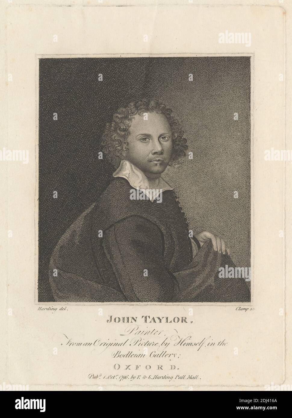 John Taylor, Stampa fatta da R. Clamp, fl.1789–1798, dopo Sylvester Harding, (disegno), 1745–1809, britannico, dopo John Taylor, (pittura), 1739–1838, inglese, pubblicato da Francis Harding, attivo 1730–1766, britannico, e Sylvester Harding, 1745–1809, britannico, 1796, Mezzotint, incisione e impresso su carta beige, leggermente spessa, foglio testurizzato: 10 5/16 x 7 5/16 pollici (26.2 x 18.5 cm), piatto: 7 5/8 x 5 1/2 pollici (19.3 x 14 cm), e immagine: 4 13/16 x 4 3/16 pollici (12.3 x 10.7 cm), artista, bottoni, capo, colletto, ricci, sguardo, uomo, baffi, pittore, ritratto Foto Stock