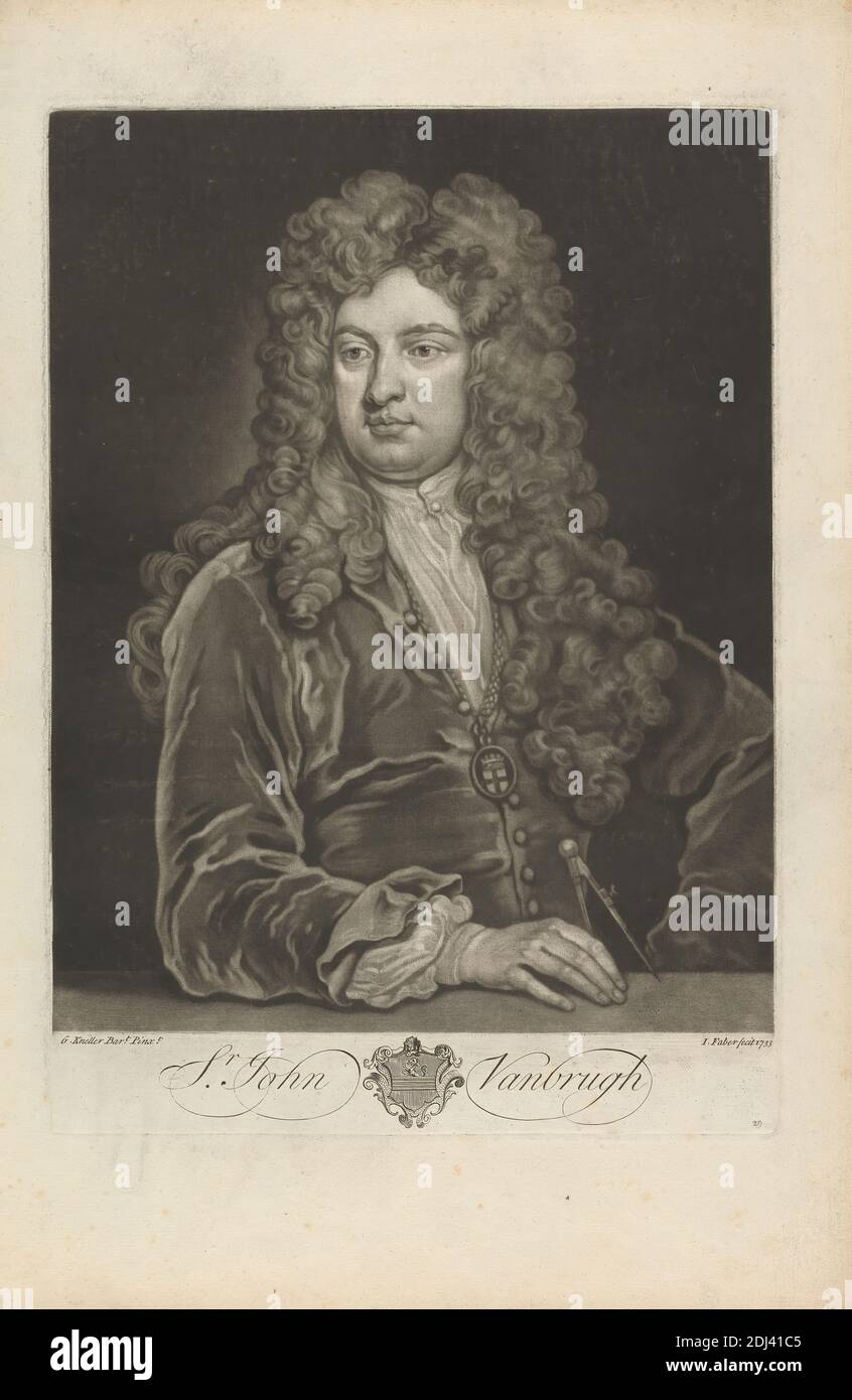 Sir John Vanbrugh, John Faber il giovane, ca. 1695–1756, Netherlandish, attivo in Gran Bretagna, dopo Sir Godfrey Kneller, 1646–1723, tedesco, attivo in Gran Bretagna (dal 1676), 1733, Mezzotint su carta di spessore moderato, leggermente testurizzata, panna, foglio: 18 1/8 x 12 1/16 pollici (46.1 x 30.6 cm), piatto: 13 15/16 x 9 13/16 pollici (35.4 x 25 cm) e immagine: 12 1/2 x 9 13/16 pollici (31.8 x 24.9 cm), catena, cappotto, stemma, bussola, cresta, colletto livrea, uomo, pendente, ritratto, scudo, parrucca Foto Stock