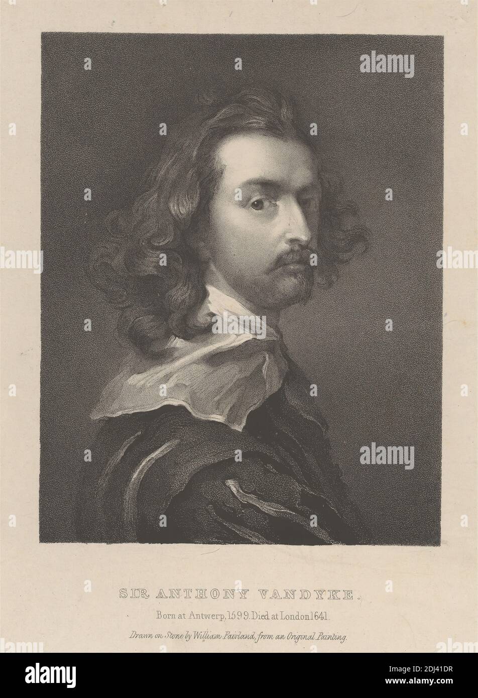 Sir Anthony Van Dyke, Stampa di William Fairland, attivo 1828–1835, inglese, dopo artista sconosciuto, stampato da Charles J. Hullmandel, 1789–1850, inglese, pubblicato da James Bulcock, attivo 1827–1835, inglese, 1828, litografia su carta wove beige di spessore moderato, liscia con collé di cinelle beige, foglio: 14 11/16 x 11 1/8 pollici (37.3 x 28.2 cm), foglio: 9 3/16 x 6 13/16 pollici (23.4 x 17.3 cm), e immagine: 7 1/8 x 5 9/16 pollici (18.1 x 14.2 cm), artista, barba, colletto, ricci, sguardo, uomo, baffi, pittore, ritratto, posa, solenne, pensieroso Foto Stock
