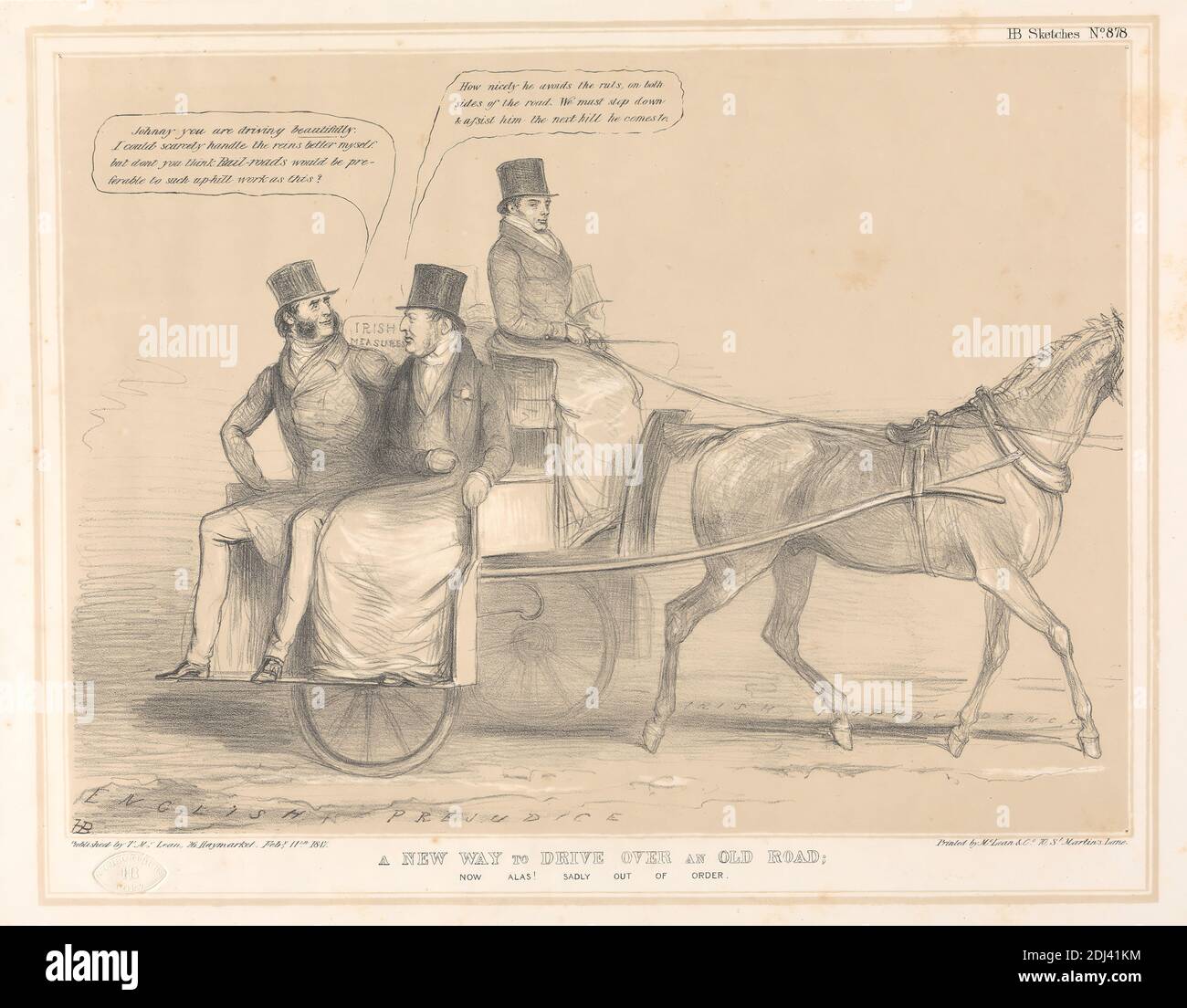 Un nuovo modo di guidare su una vecchia strada; ora Alas! Tristemente fuori servizio, Stampa fatta da John Doyle ('H.B.'), 1797–1868, irlandese, stampato da Thomas McLean, 1788–1875, inglese, pubblicato da Thomas McLean, 1788–1875, inglese, 1847, litografia in tan e inchiostro nero su carta in wove beige moderatamente spessa, liscia, foglio: 12 1/16 x 17 5/16 pollici (30.7 x 44 cm) e immagine: 9 9/16 x 12 15/16 pollici (24.3 x 32.8 cm), barbe, carrozza, guida, genere soggetto, cavallo (animale), uomini, parodia, politica, politici, redini, strada, regole, satira, seduta, parlando, top cappelli, ruote, frusta Foto Stock