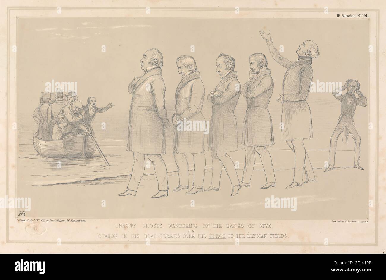 Unhappy Ghosts vagando sulle rive dello Styx, mentre Charon nei suoi traghetti sugli eletti ai campi Elisi, Stampa fatta da John Doyle ('H.B.'), 1797–1868, irlandese, stampato da Thomas McLean, 1788–1875, britannico, pubblicato da Thomas McLean, 1788–1875, British, 1847, litografia su carta wove di spessore moderato, liscia, beige, Foglio: 12 1/16 x 17 5/8 pollici (30.6 x 44.8 cm) e immagine: 8 7/16 x 14 13/16 pollici (21.5 x 37.7 cm), barca, cappotti, gamberetti, Elysium, campo Elysian; Isole del Beato, gesturing, uomini, mitologia, funzionari, parodia, politica, politici, posa, religiosa e. Foto Stock