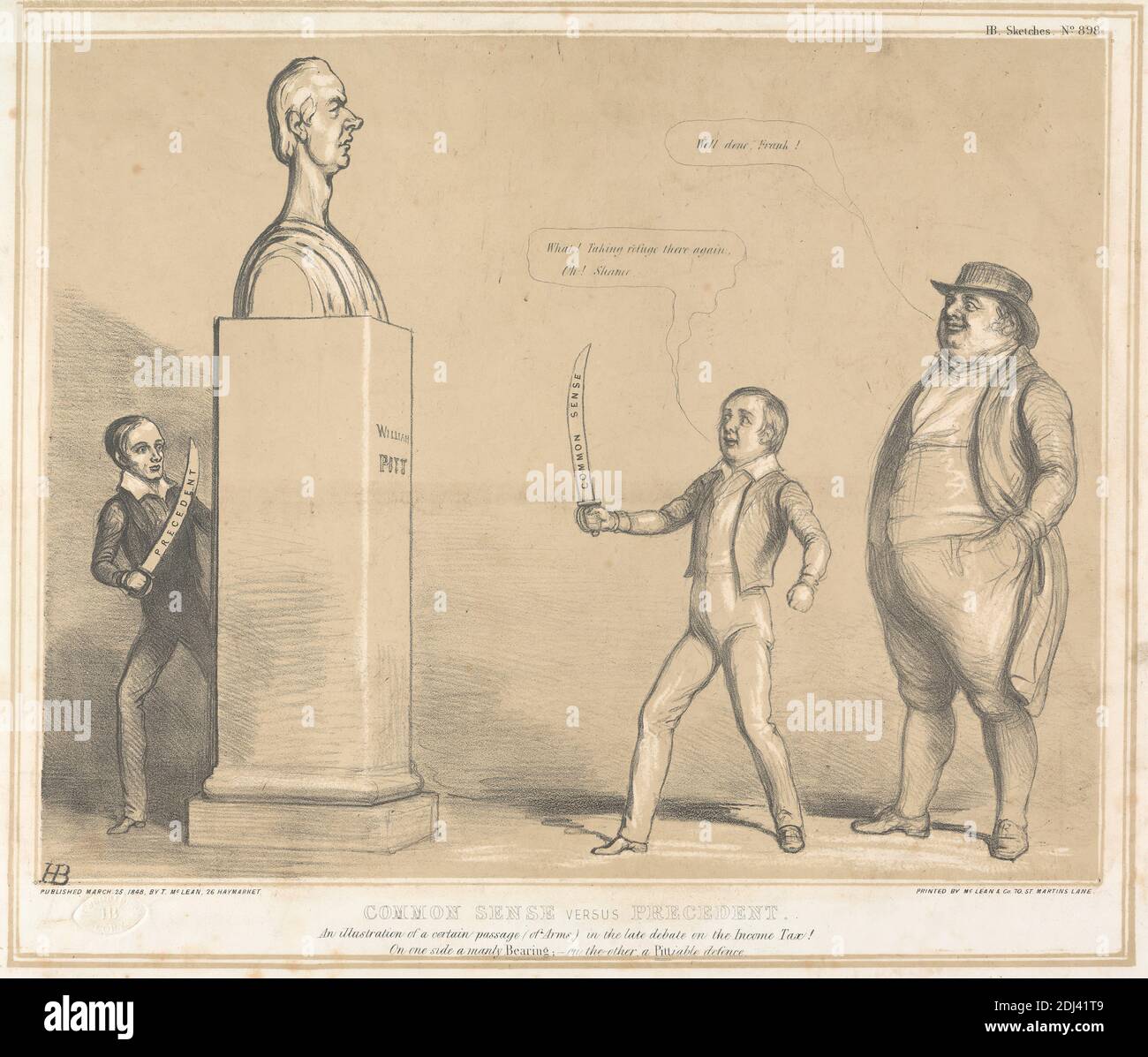 Senso comune contro precedente, Stampa di John Doyle ('H.B.'), 1797–1868, irlandese, stampato da Thomas McLean, 1788–1875, inglese, pubblicato da Thomas McLean, 1788–1875, inglese, 1848, litografia in inchiostro tan e nero su carta in wove beige leggermente spessa e liscia, foglio: 11 15/16 x 17 15/16 pollici (30.4 x 45.6 cm) e immagine: 10 1/4 x 12 13/16 pollici (26 x 32.6 cm), ragazzi, buon senso, paura, lotta, genere soggetto, storia, reddito, imposta sul reddito, legislazione, politica, politici, satira, satirica, scultura, schizzi, spettatori, statua, spade, tasse Foto Stock