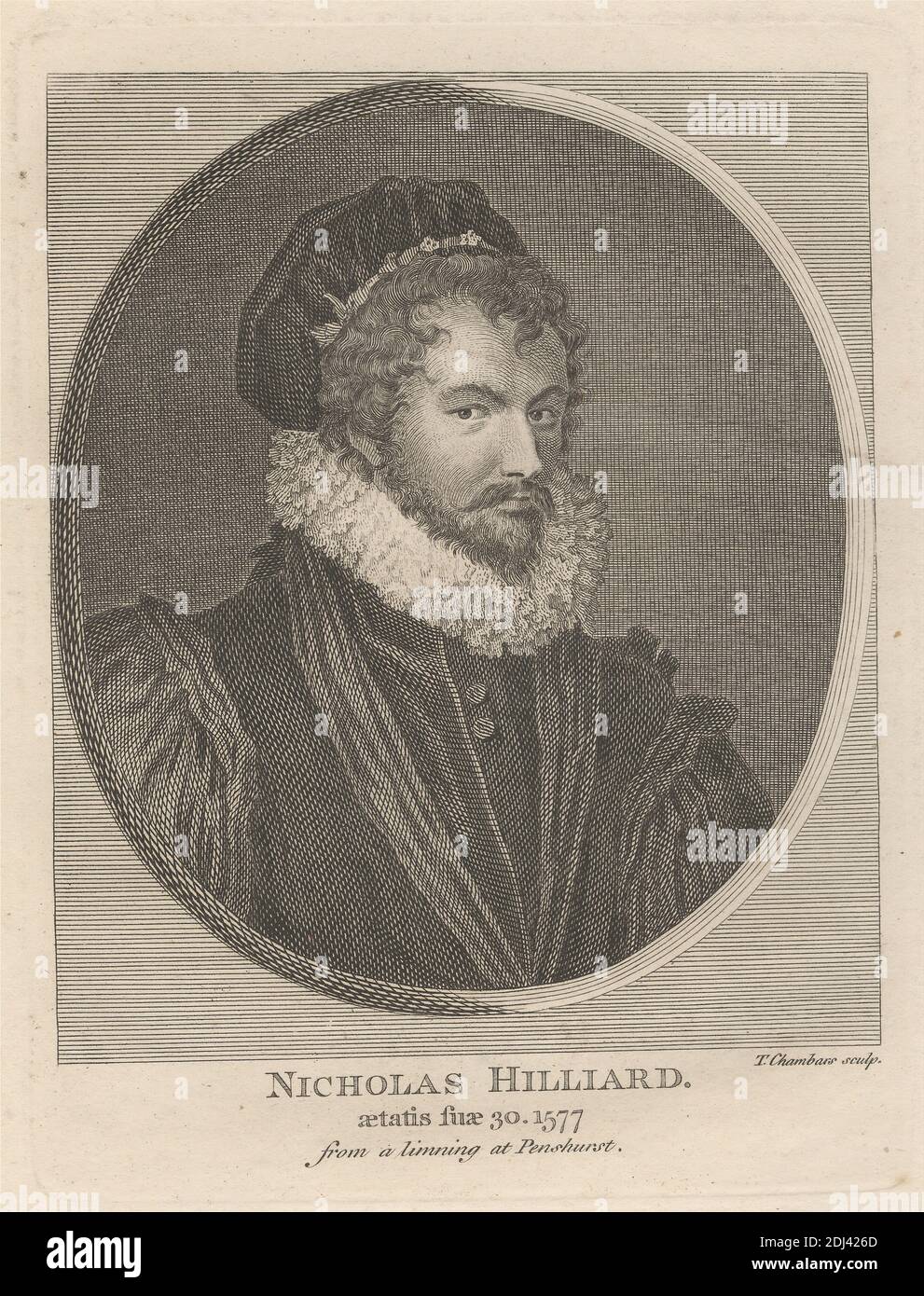 Nicholas Hilliard, Stampa di Thomas Chambars, ca. 1724–1789, inglese, dopo artista sconosciuto, non ondeggiato, incisione su carta di wove cremosa moderatamente spessa, liscia, foglio: 11 11/16 x 9 1/8 pollici (29.7 x 23.1 cm), piatto: 6 3/4 x 5 1/8 pollici (17.2 x 13 cm), e immagine: 5 1/4 x 4 7/16 pollici (13.3 x 11.2 cm), barba, bottoni, cappuccio, ricci, abito fantasia, giacca, uomo, mezza età, baffi, nobile, ovale, ritratto, ruff, solenne Foto Stock