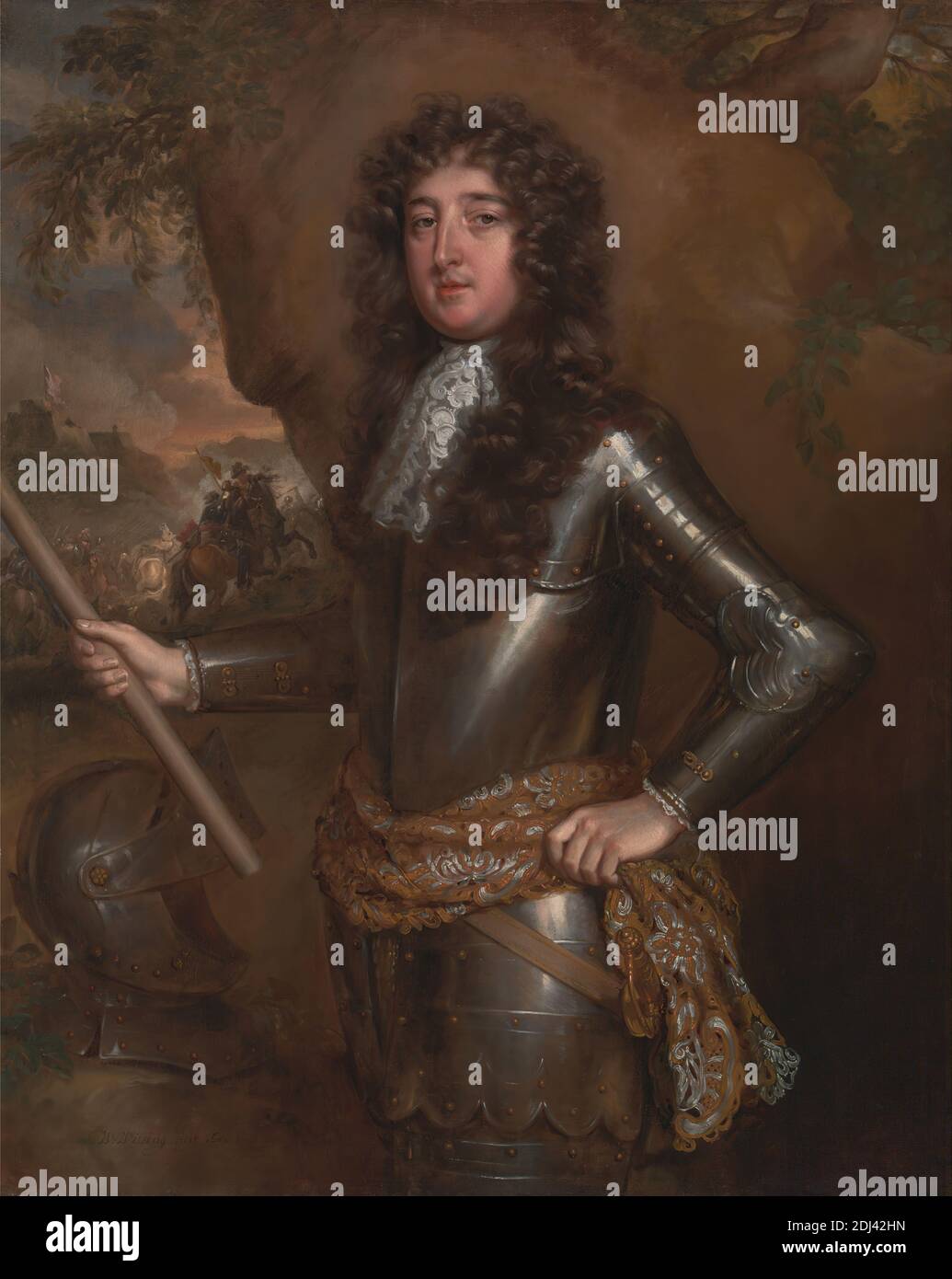 Un uomo sconosciuto, probabilmente il nono conte di Derby, Willem Wissing, ca. 1656–1687, olandese, attivo in Gran Bretagna (entro il 1676), e background di Jan Wyck, ca. 1645–1700, olandese, attivo in Gran Bretagna (da ca. 1664), 1684, olio su tela, supporto (PTG): 49 3/4 x 40 3/8 pollici (126.4 x 102.6 cm), battaglia, costume, conte, cavalli (animali), uomini, nobile, ritratto, fumo Foto Stock