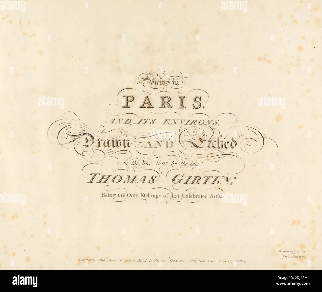 Metà titolo pagina per: Viste a Parigi e dintorni., James Girtin, ca. 1780–dopo il 1820, dopo James Girtin, ca. 1780–dopo il 1820, 1803, incisione su carta di wove crema di spessore moderato, leggermente testurizzata, foglio: 18 1/4 x 26 pollici (46.4 x 66 cm), piastra: 13 x 16 pollici (33 x 40.6 cm), e immagine: 6 1/2 x 11 1/8 pollici (16.5 x 28.3 cm Foto Stock