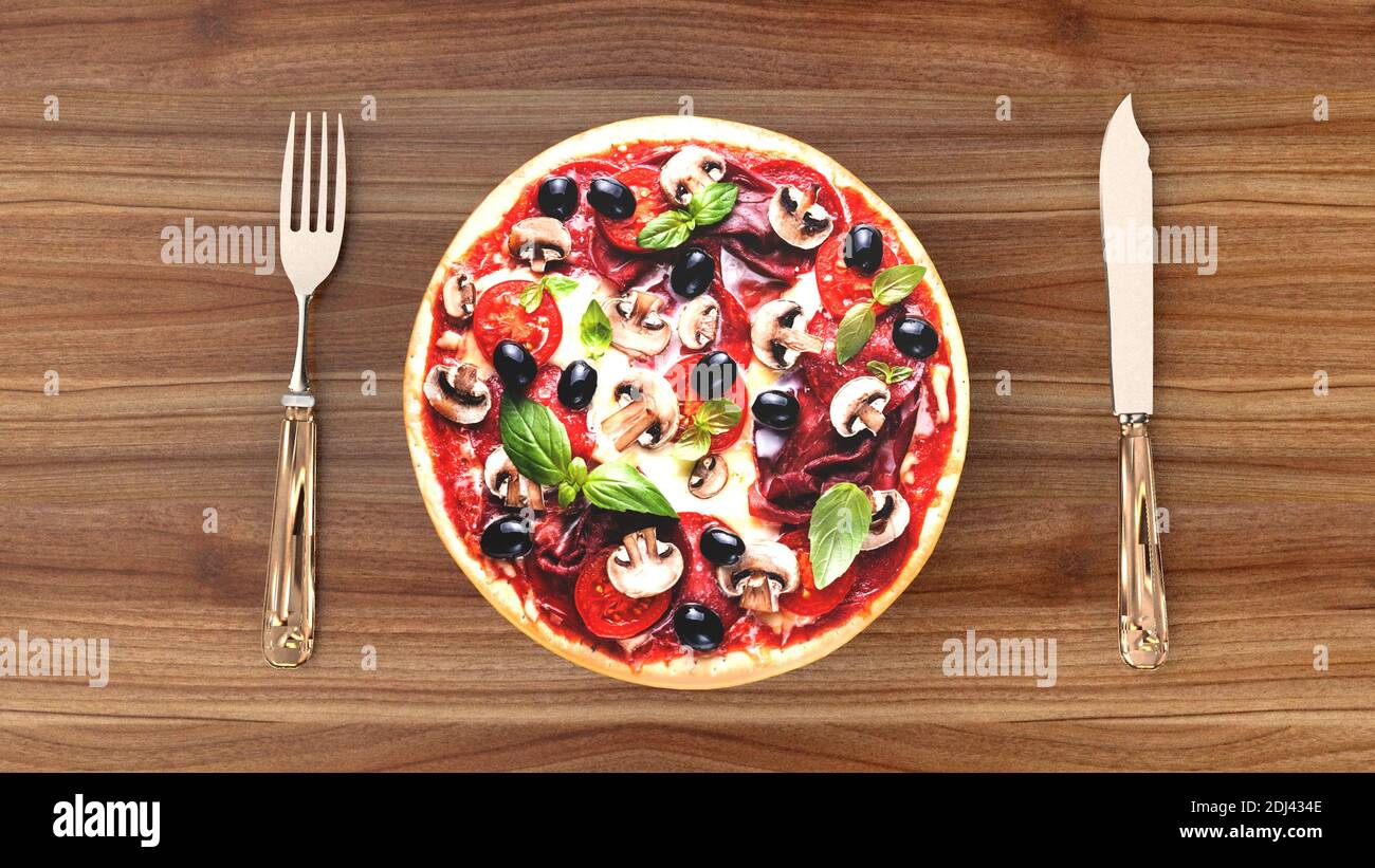 Pizza con salame e olive, sfondo pubblicitario. Rendering 3D Foto Stock