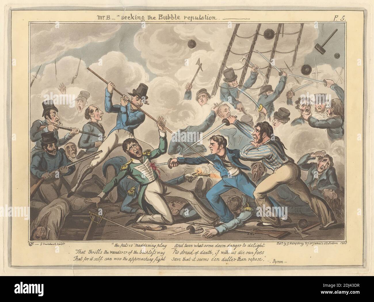 MR. B Seeking the Bubble Reputation - Plate 5, Stampa realizzata da George Cruikshank, 1792–1878, inglese, dopo il capitano Frederick Marryat, 1792–1848, inglese, pubblicato da George Humphrey, ca. 1773–ca. 1831, British, 1820, Aquatint e incisione, colore a mano su carta in wove beige di spessore moderato, leggermente testurizzata, foglio: 10 1/16 x 35.5 cm (14 x 25.5 pollici), piastra: 8 7/16 x 11 7/16 cm (21.5 x 29 cm), e immagine: 6 13/16 x 9 3/4 pollici (17.3 x 24.7 cm), attacco, ascia, cannoni, caricatura, nubi, morire, paura, combattimento, armi, illustrazione, arte marina, ostili, arte militare, satira, marinai, fumo Foto Stock