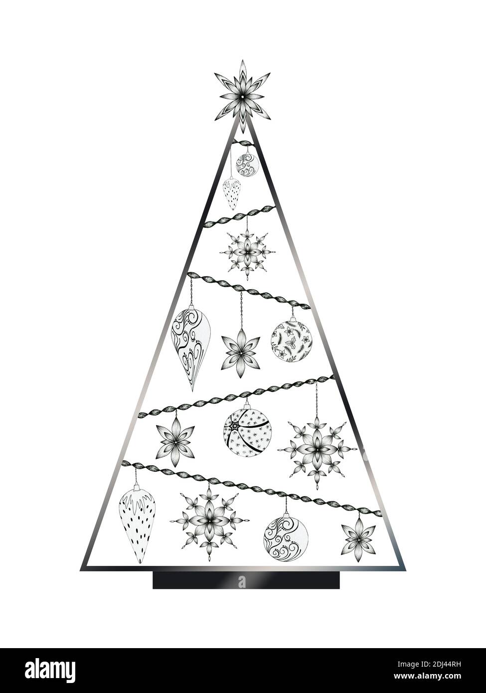 Albero di Natale nero e bianco fantasia design isolato su bianco, bella decorazione di Natale per le schede di Natale, saluti o disegni Foto Stock